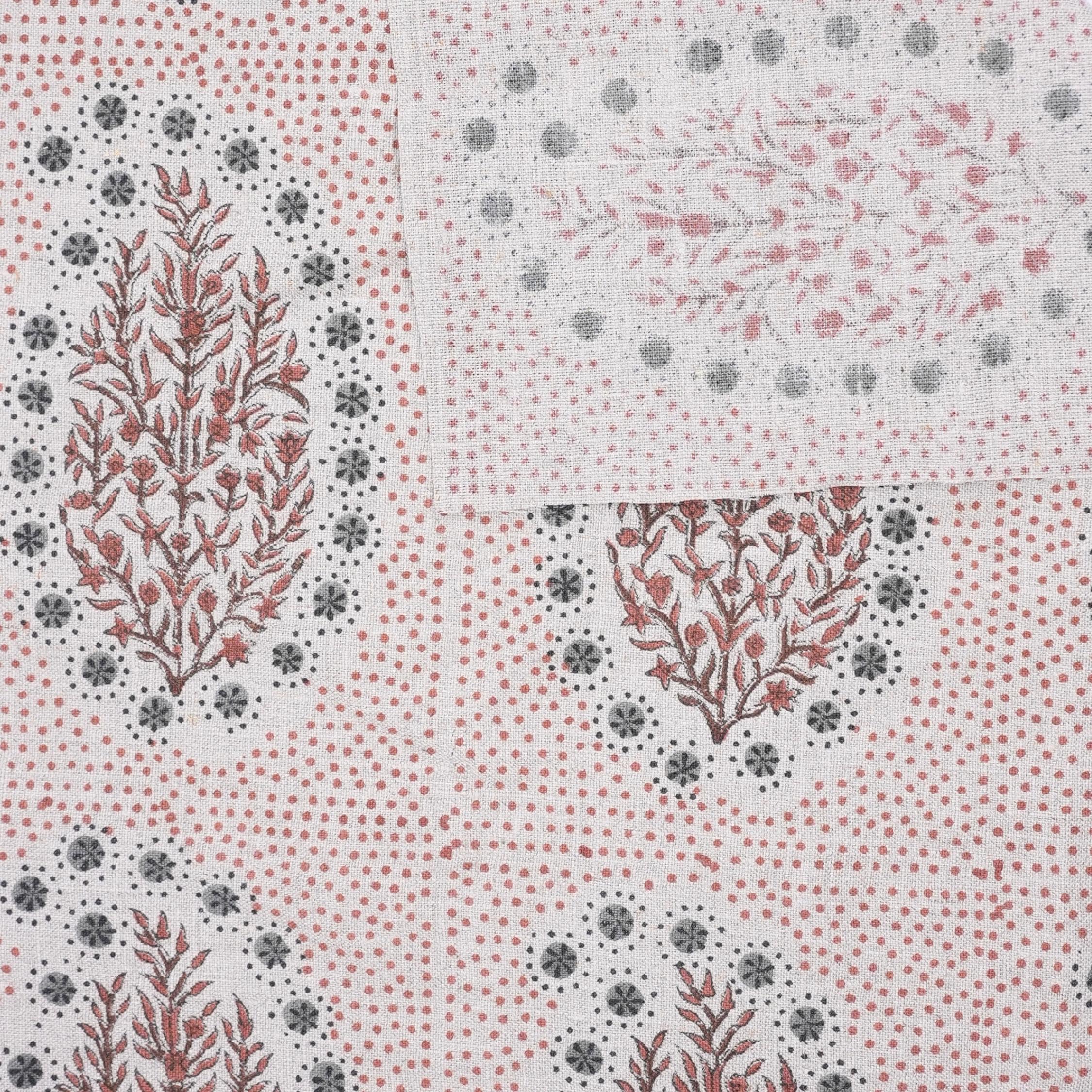 Indian Ancient Block Print Window Curtain Fabric on Natural Linen with Brown and Gray Floral - Vatika Design