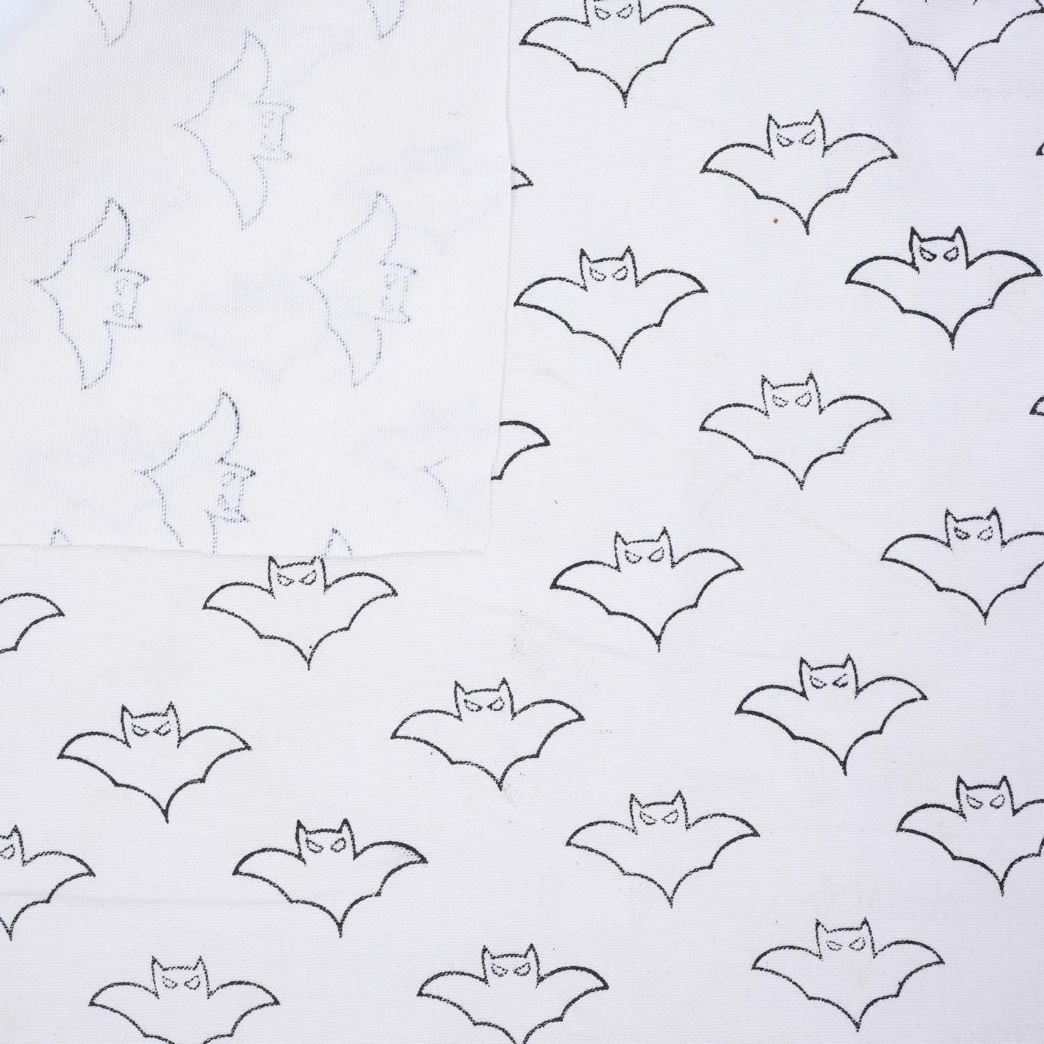 Block Print Thick Cotton White Decorative Halloween Party Cushion Cover Fabric with Bat Design