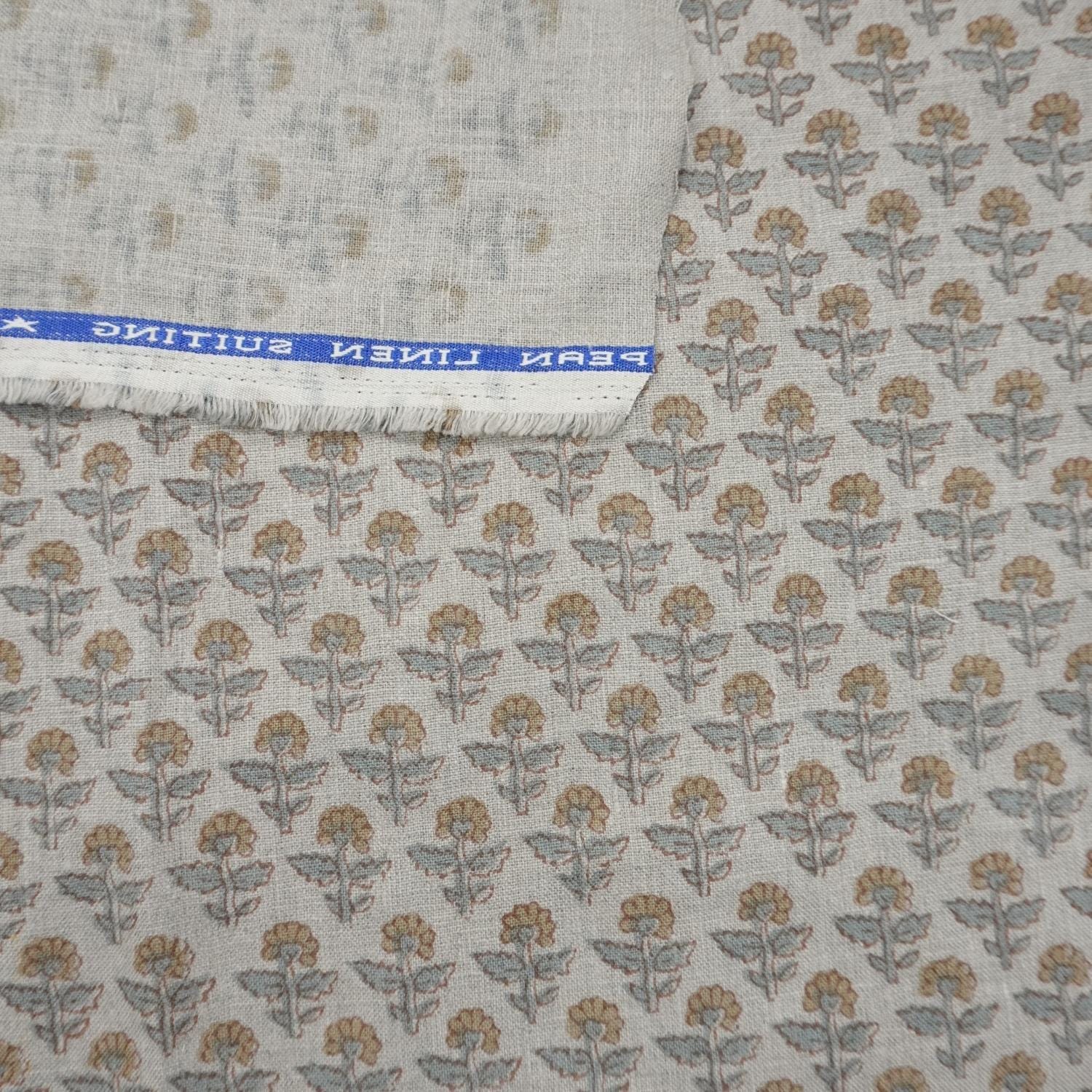 Linen Block Print Fabric 58 Inch Width Medium Weight Linen Natural Base Color Curtains and Drapes Upholstery Handmade Art Pillow Covers Tablecloths and Runners Bedding Tote Bag Lampshades by Fabritual