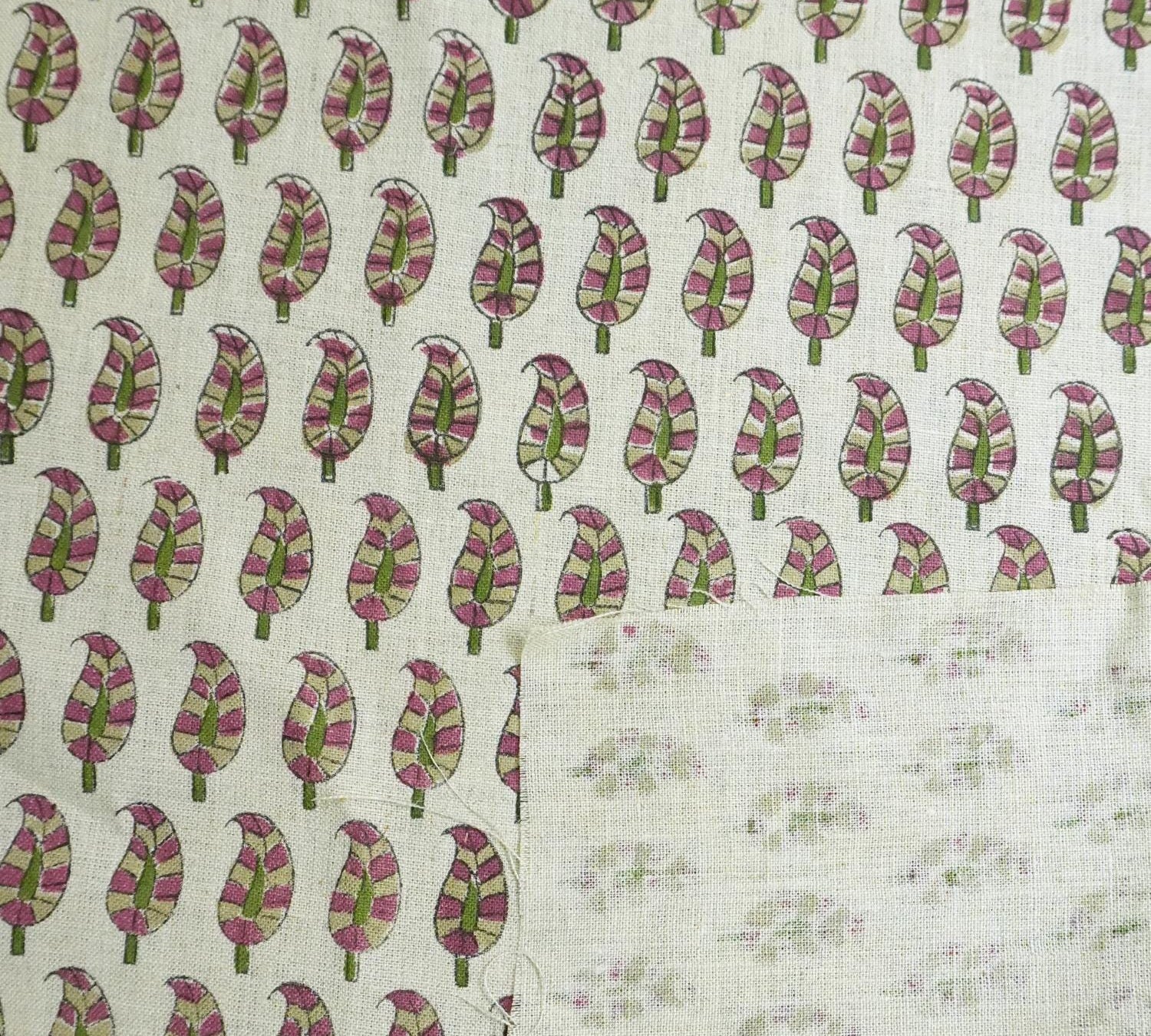 Linen Block Print Fabric 58 Inch Width Medium Weight Linen Natural Base Color Curtains and Drapes Upholstery Handmade Art Pillow Covers Tablecloths and Runners Bedding Tote Bag Lampshades Napkins by Fabritual
