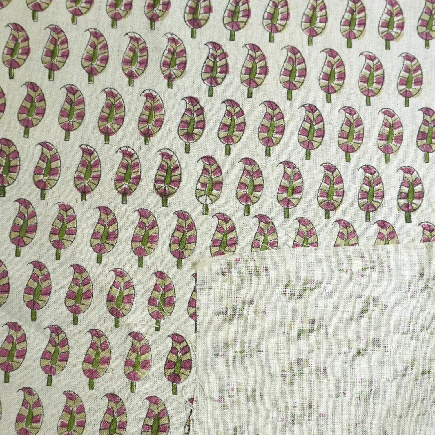 Linen Block Print Fabric 58 Inch Width Medium Weight Linen Natural Base Color Curtains and Drapes Upholstery Handmade Art Pillow Covers Tablecloths and Runners Bedding Tote Bag Lampshades Napkins by Fabritual