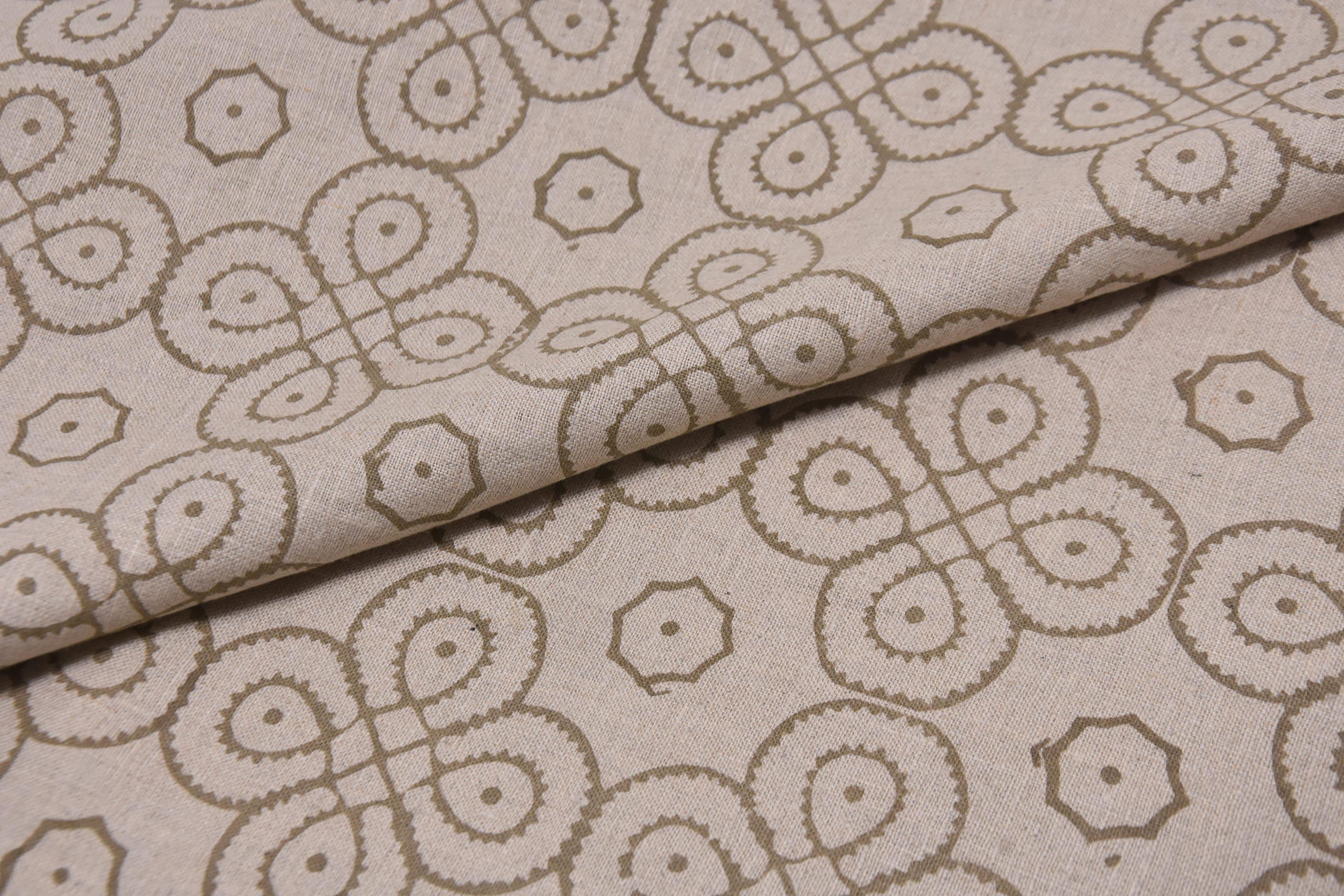 Linen Block Print Fabric 58 Inch Width Medium Weight Linen Natural Base Color Curtains and Drapes Upholstery Handmade Art Pillow Covers Tablecloths and Runners Bedding Tote Bag Lampshades Napkins by Fabritual