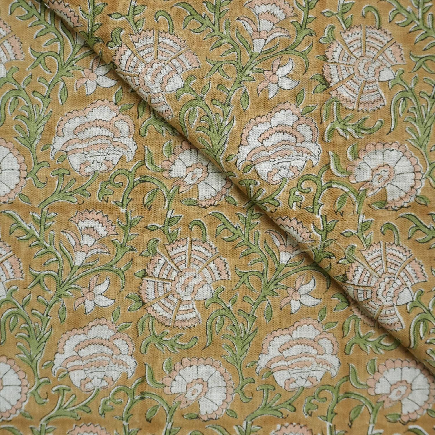 RUST FLORAL BLOCK PRINT VISCOSE LINEN TABLE NAPKINS AND WINDOW TREATMENT FABRIC HOME DECOR - SONAKSHI