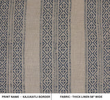 Indian Artisan Block Printed Blue and Grullo Floral Thick Linen Fabric for Curtains, Tablecloths - Kajukatli Border