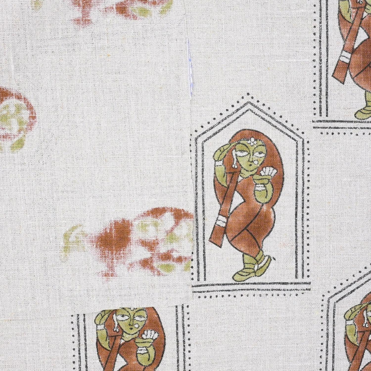 Indian Artisan Pure Linen Block Print in Brown and Green Sundari Fabric for Drapery & Upholstey