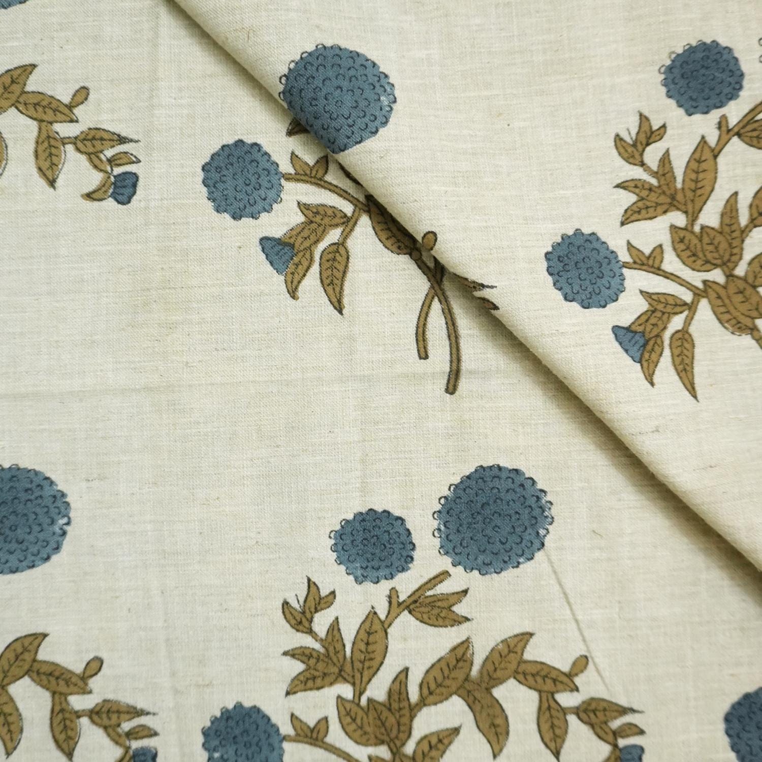 Linen Block Print Fabric Linen Blend 58 Inch Width Light Weight Linen Natural Base Color Curtains and Drapes Upholstery Handmade Art Pillow Covers Tablecloths and Runners Bedding Tote Bag Lampshades Napkins by Fabritual