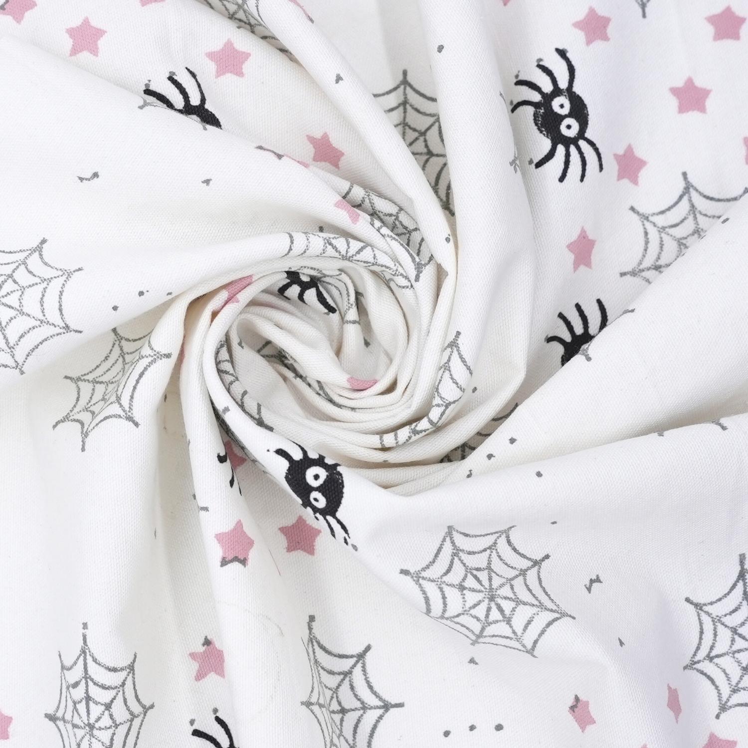 Indian Hand Block Black and Gray Spider Print Cuchion Cover Fabric for Halloween Decor in Thick Cotton White