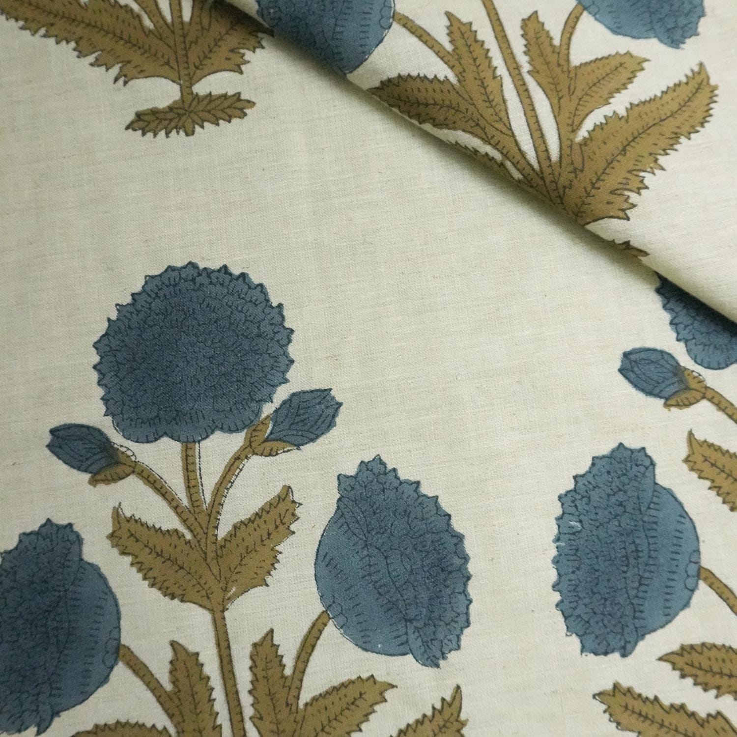 Linen Block Print Fabric 58 Inch Width Light Weight Linen Natural Base Color Handmade Creative Design To Make Curtains and Drapes Upholstery Pillow Covers Lampshades Napkins by Fabritual