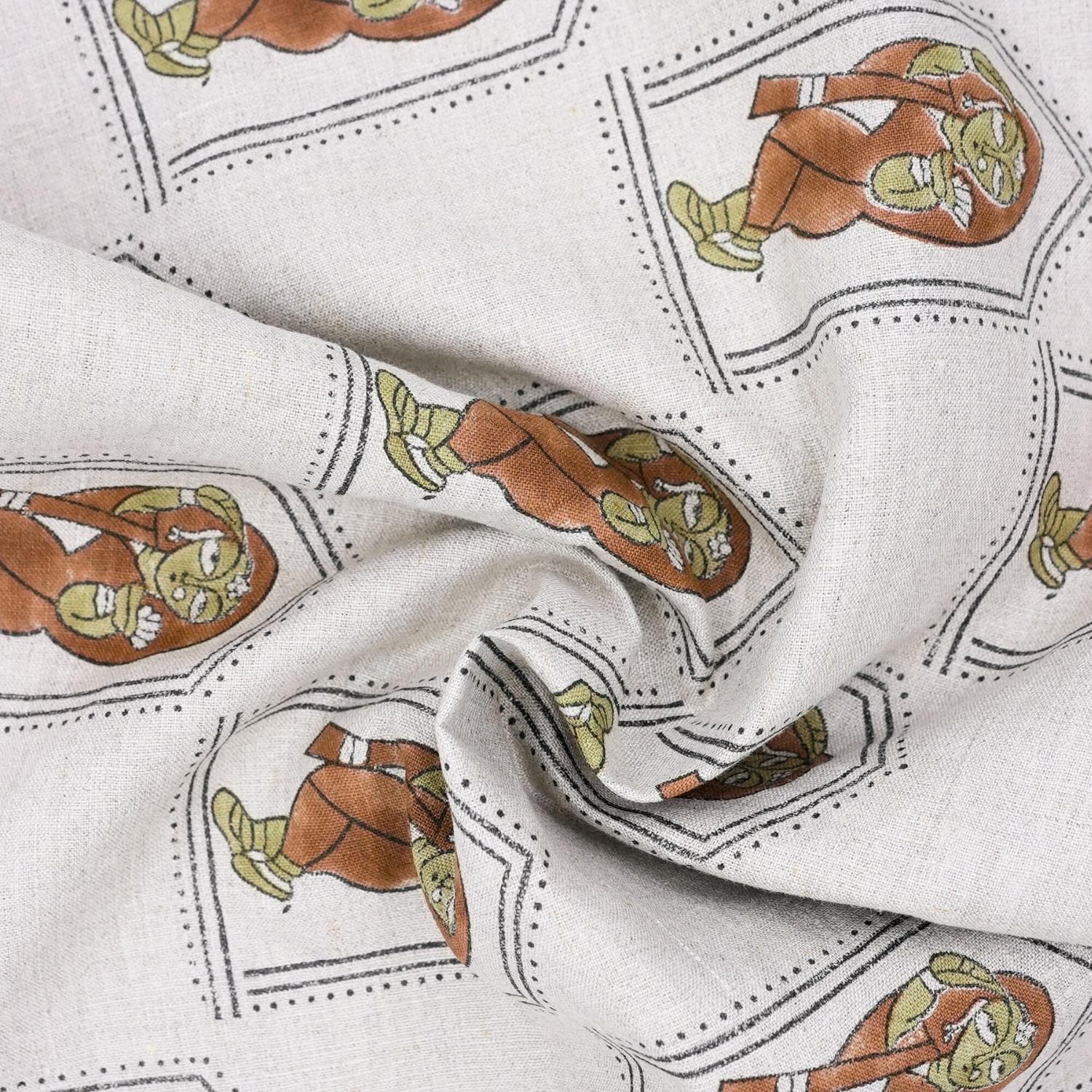 Indian Artisan Pure Linen Block Print in Brown and Green Sundari Fabric for Drapery & Upholstey