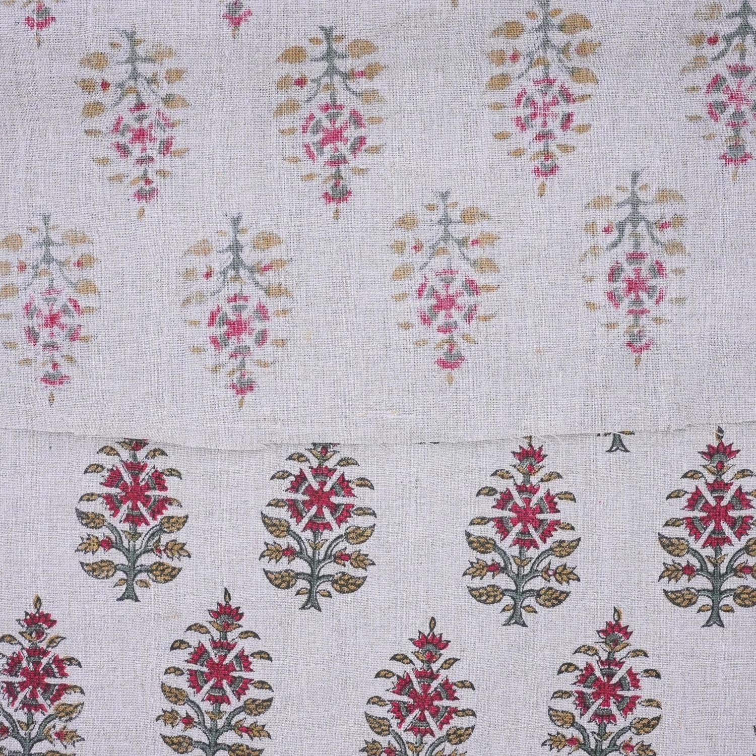Indian Pure Linen Hand Block Printed Pink and Gray Floral Fabric for Upholstery & Couch - Upvan