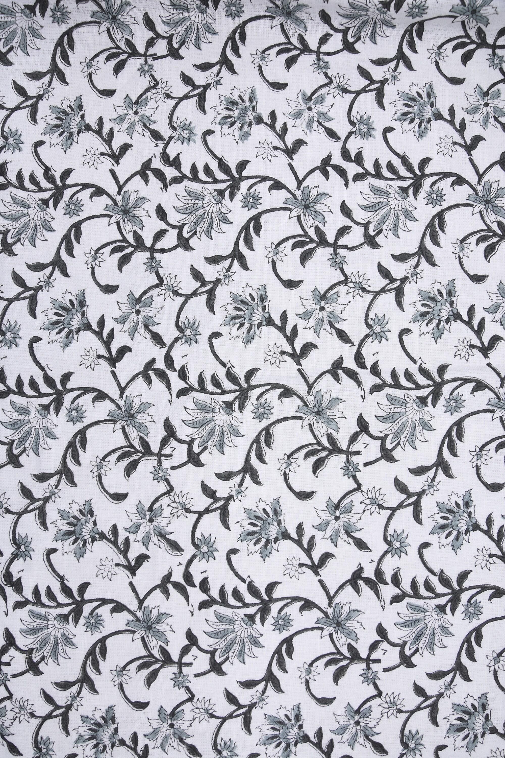 Handcrafted Printed Pure White Linen Gray Floral Throw Boho Fabric for Crop Tops & Dungarees – ARADHNA
