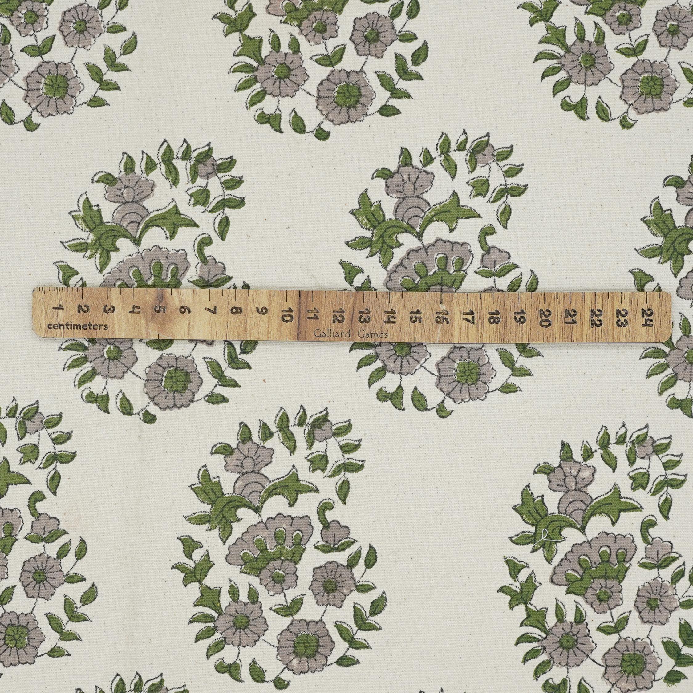 Hand-Stamped Block Printed Beige and Green Floral Duck Canvas Fabric for Curtains & Window Treatments – ANARKALI