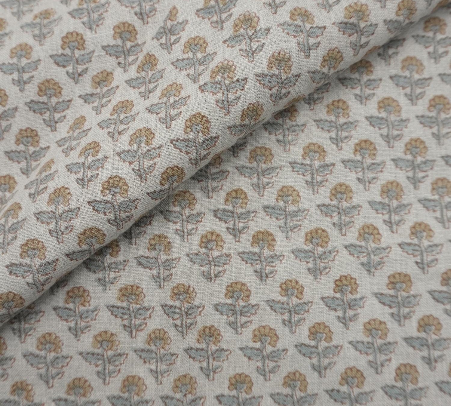 Linen Block Print Fabric 58 Inch Width Medium Weight Linen Natural Base Color Curtains and Drapes Upholstery Handmade Art Pillow Covers Tablecloths and Runners Bedding Tote Bag Napkins by Fabritual
