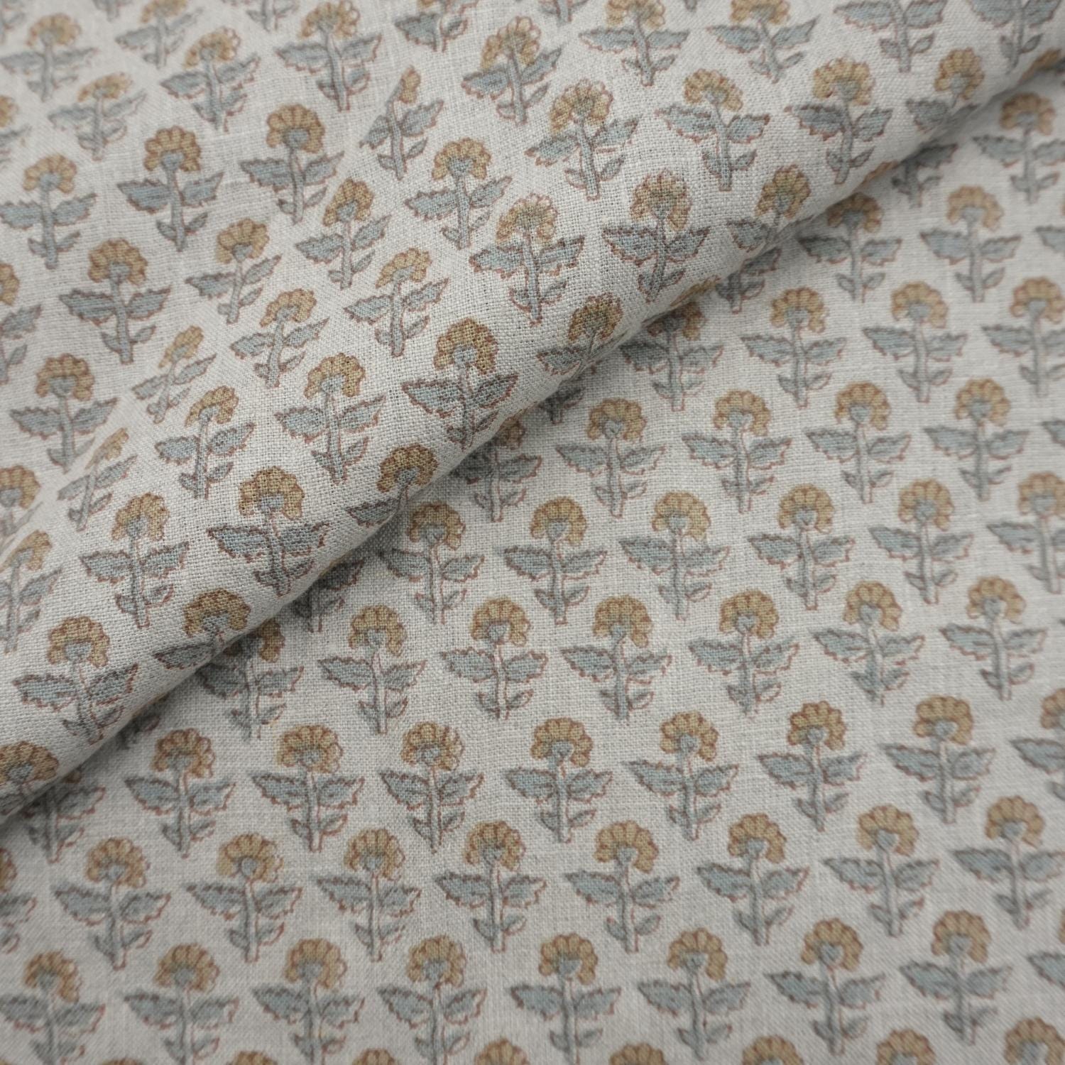 Linen Block Print Fabric 58 Inch Width Medium Weight Linen Natural Base Color Curtains and Drapes Upholstery Handmade Art Pillow Covers Tablecloths and Runners Bedding Tote Bag Napkins by Fabritual