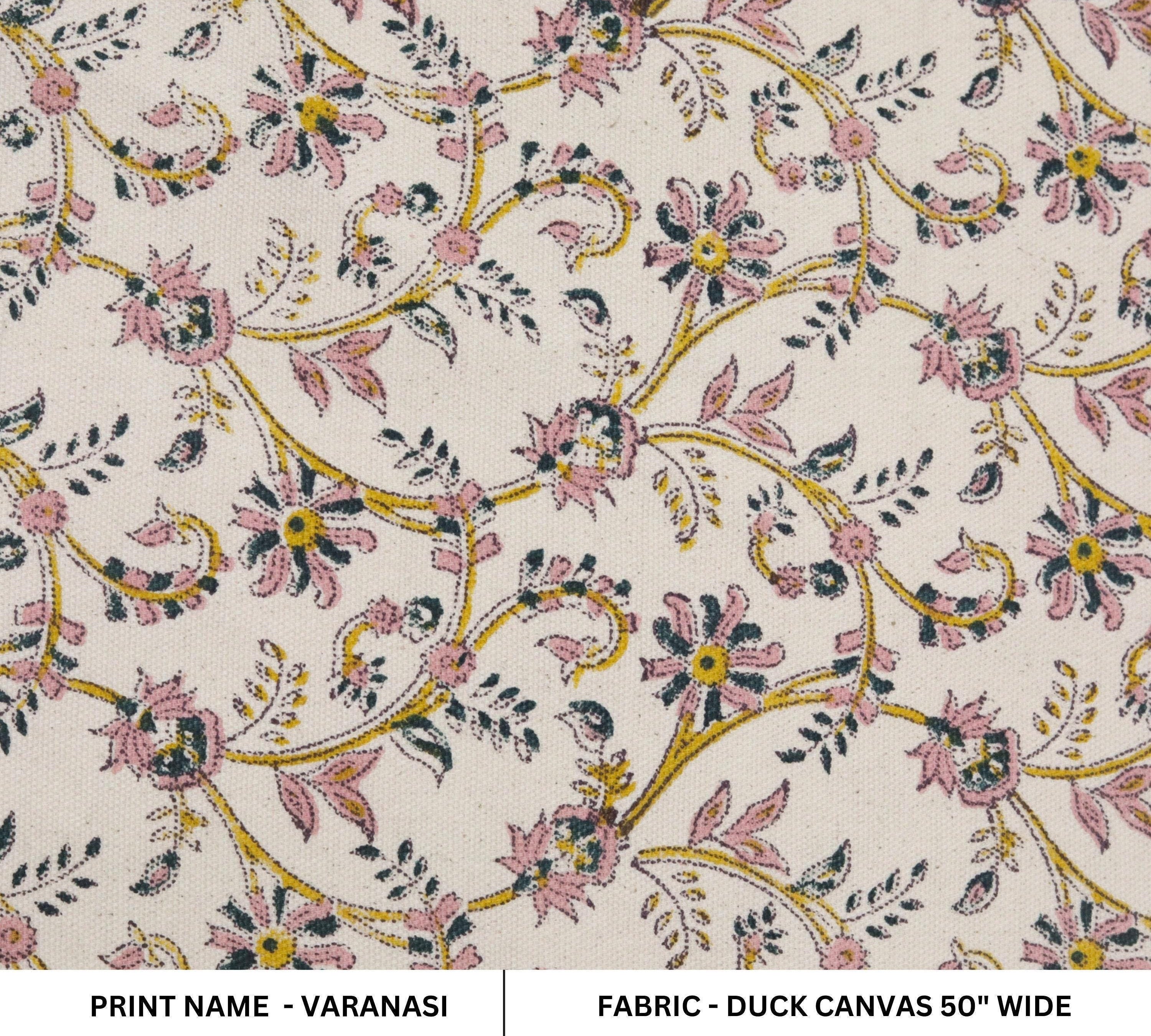 Cotton Block Print Fabric 50 Inch Width Medium Weight Duck Canvas Beige Base With Unique Color Curtains and Drapes Pillow Covers Tablecloths and Runners Bedding Tote Bag Lampshades Napkins by Fabritual