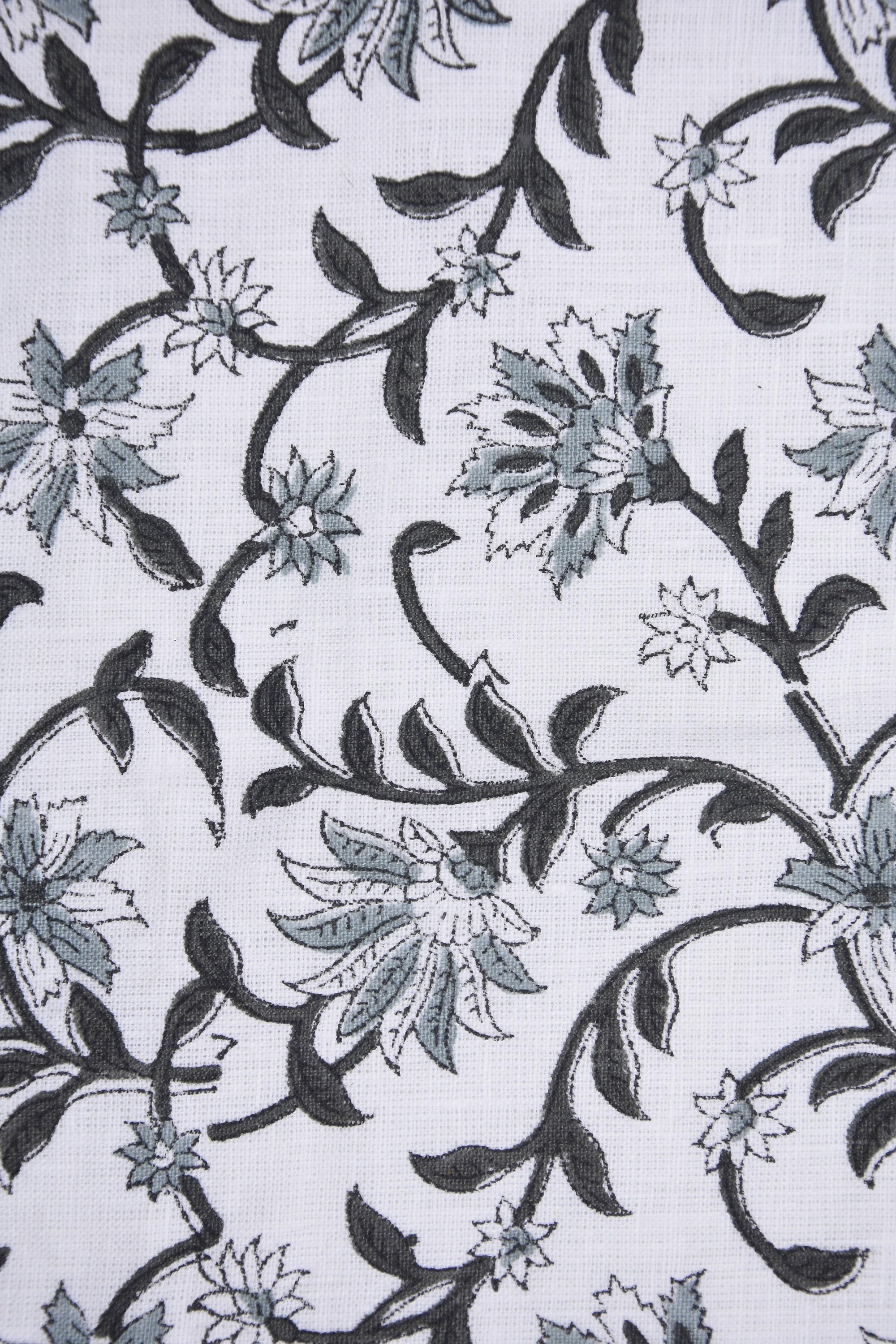 Handcrafted Printed Pure White Linen Gray Floral Throw Boho Fabric for Crop Tops & Dungarees – ARADHNA