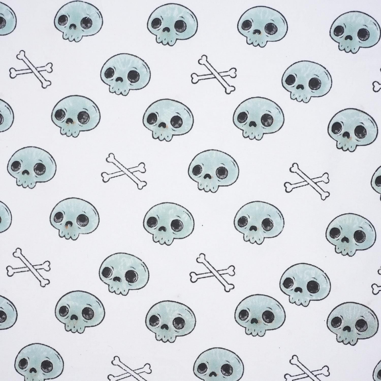 Indian Art Skeleton Print in Blue and Black Handmade Thick Cotton White Halloween Fabric for Table Cover