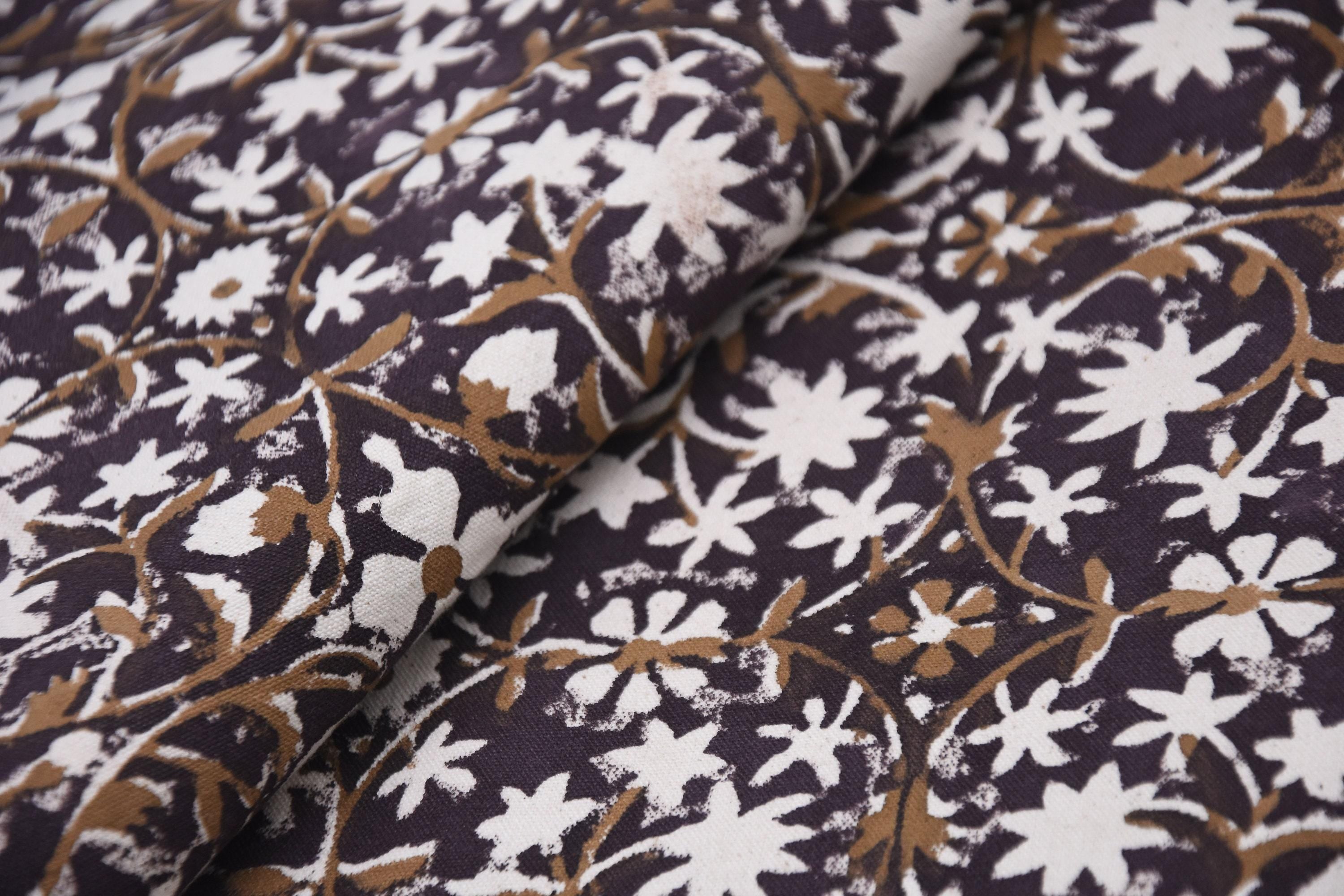 Indian Hand Block Printed Duck Canvas Dark Purple and Bronze Floral Fabric for Cushion Covers – Mahalakshmi