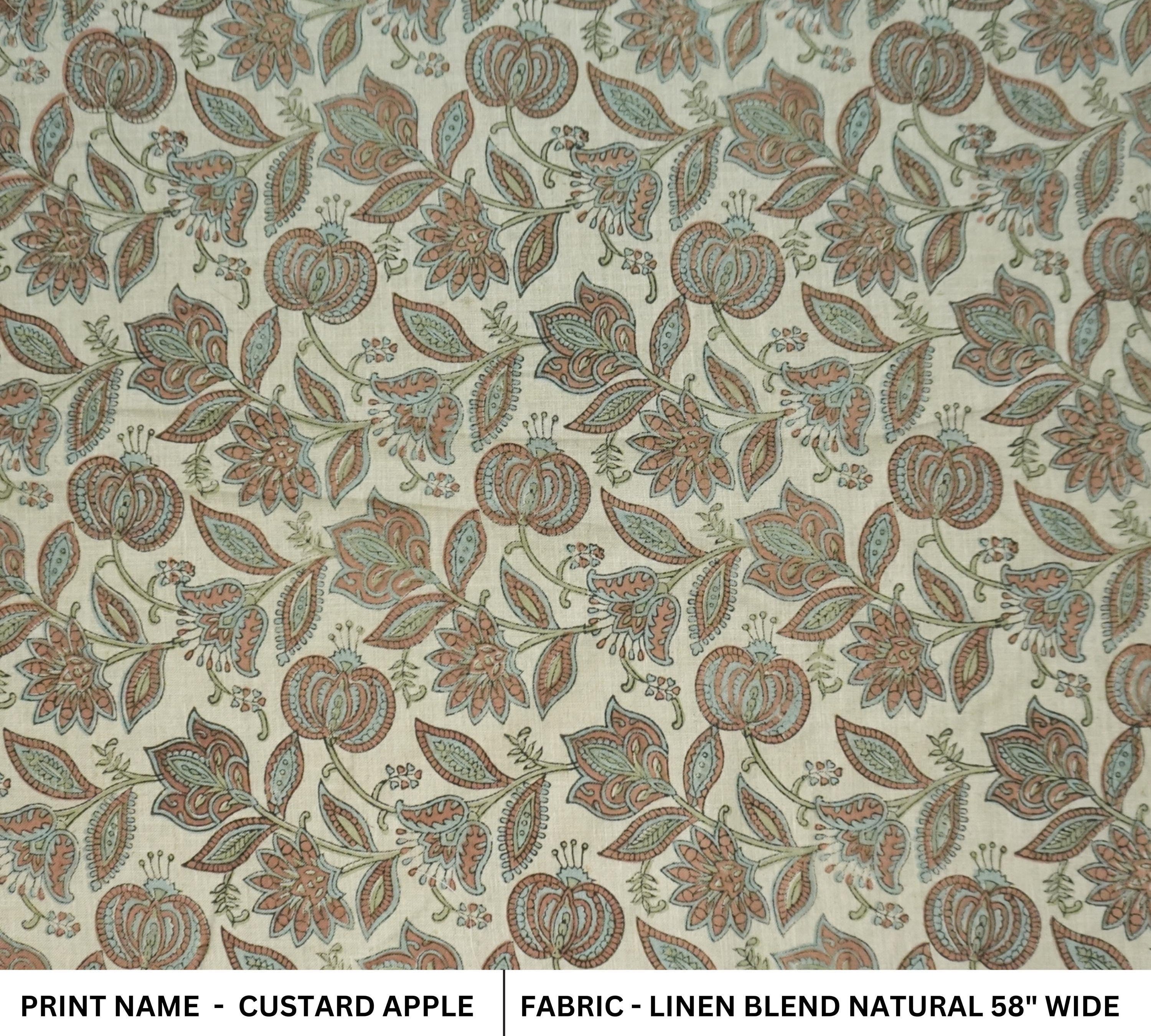 Linen Block Print Fabric Linen Blend 58 Inch Width Light Weight Linen Natural Base Color Curtains and Drapes Upholstery Handmade Art Pillow Covers Tablecloths and Runners Bedding Tote Bag Lampshades Napkins by Fabritual