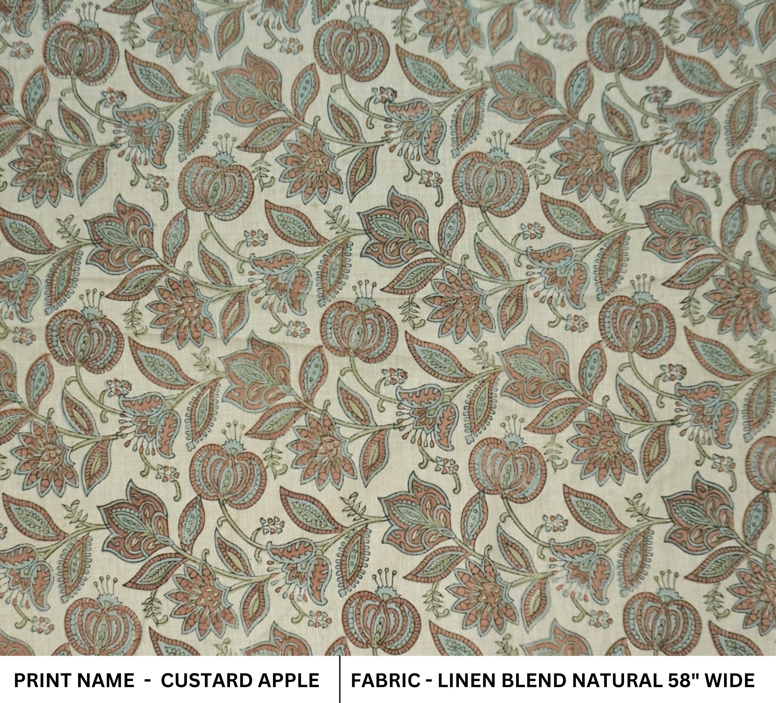 Linen Block Print Fabric Linen Blend 58 Inch Width Light Weight Linen Natural Base Color Curtains and Drapes Upholstery Handmade Art Pillow Covers Tablecloths and Runners Bedding Tote Bag Lampshades Napkins by Fabritual