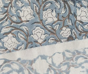 Handmade Block Printed Duck Canvas Fabric in Bluish & Beige Floral for Decorative Cushion & Curtain Covers - Amritvela