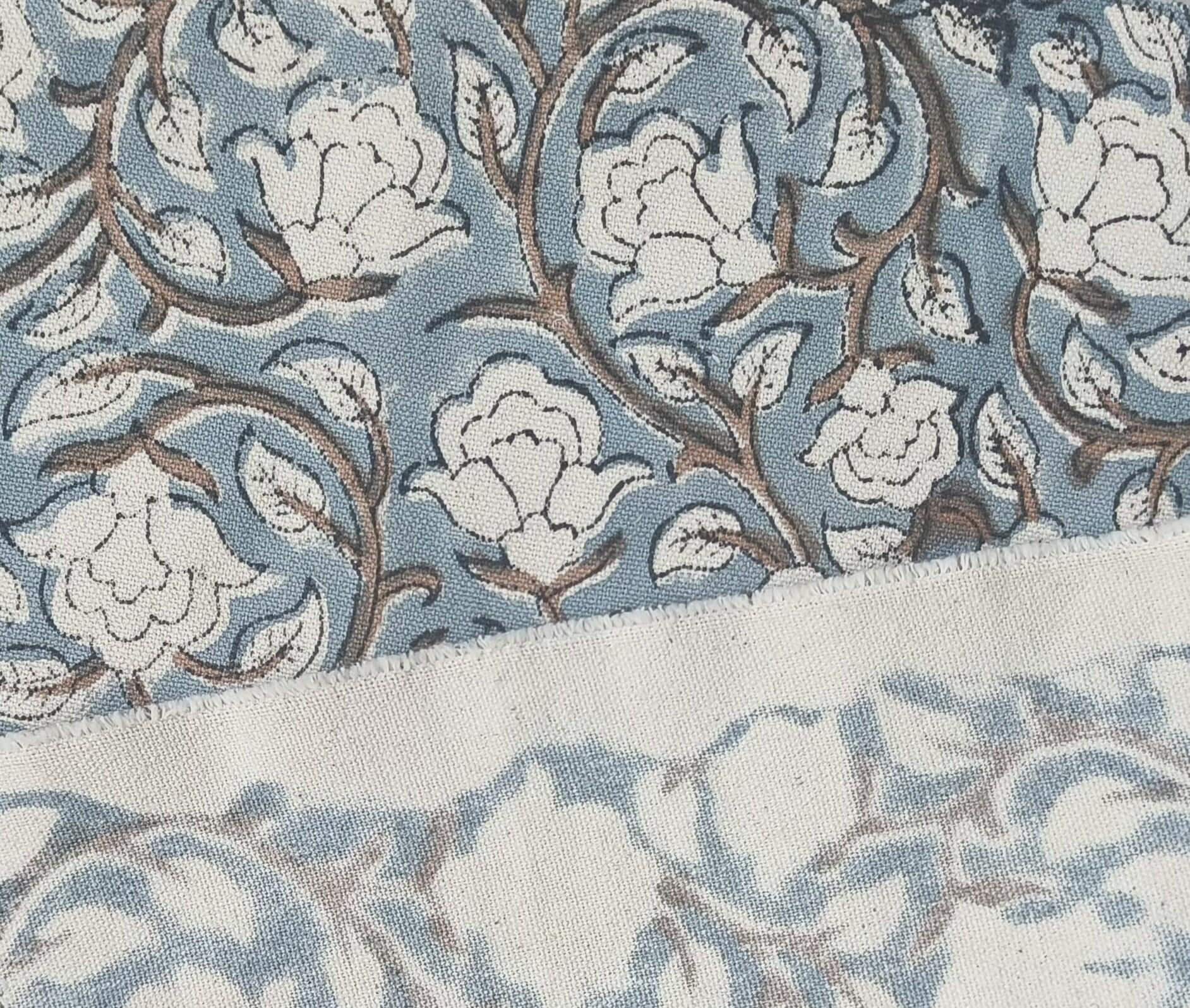 Handmade Block Printed Duck Canvas Fabric in Bluish & Beige Floral for Decorative Cushion & Curtain Covers - Amritvela