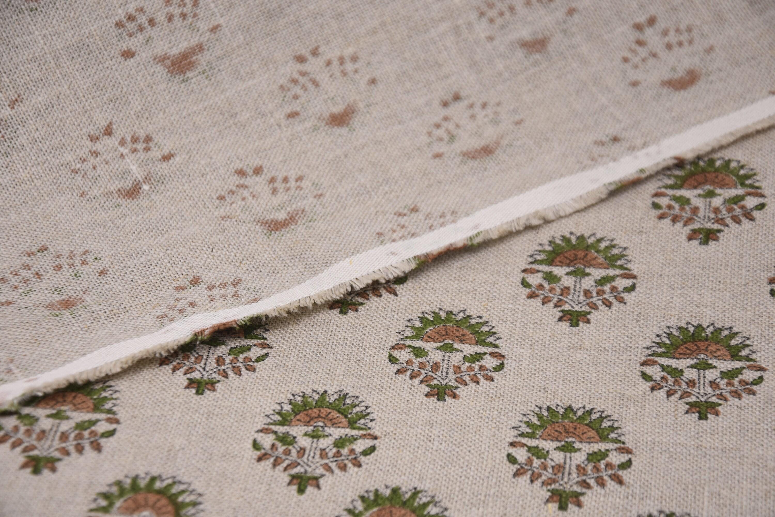 Linen Block Print Fabric 58&quot; Width Heavy Linen Natural Base Color Curtains and Drapes Upholstery Pillow Covers Bedding Tote Bag by Fabritual