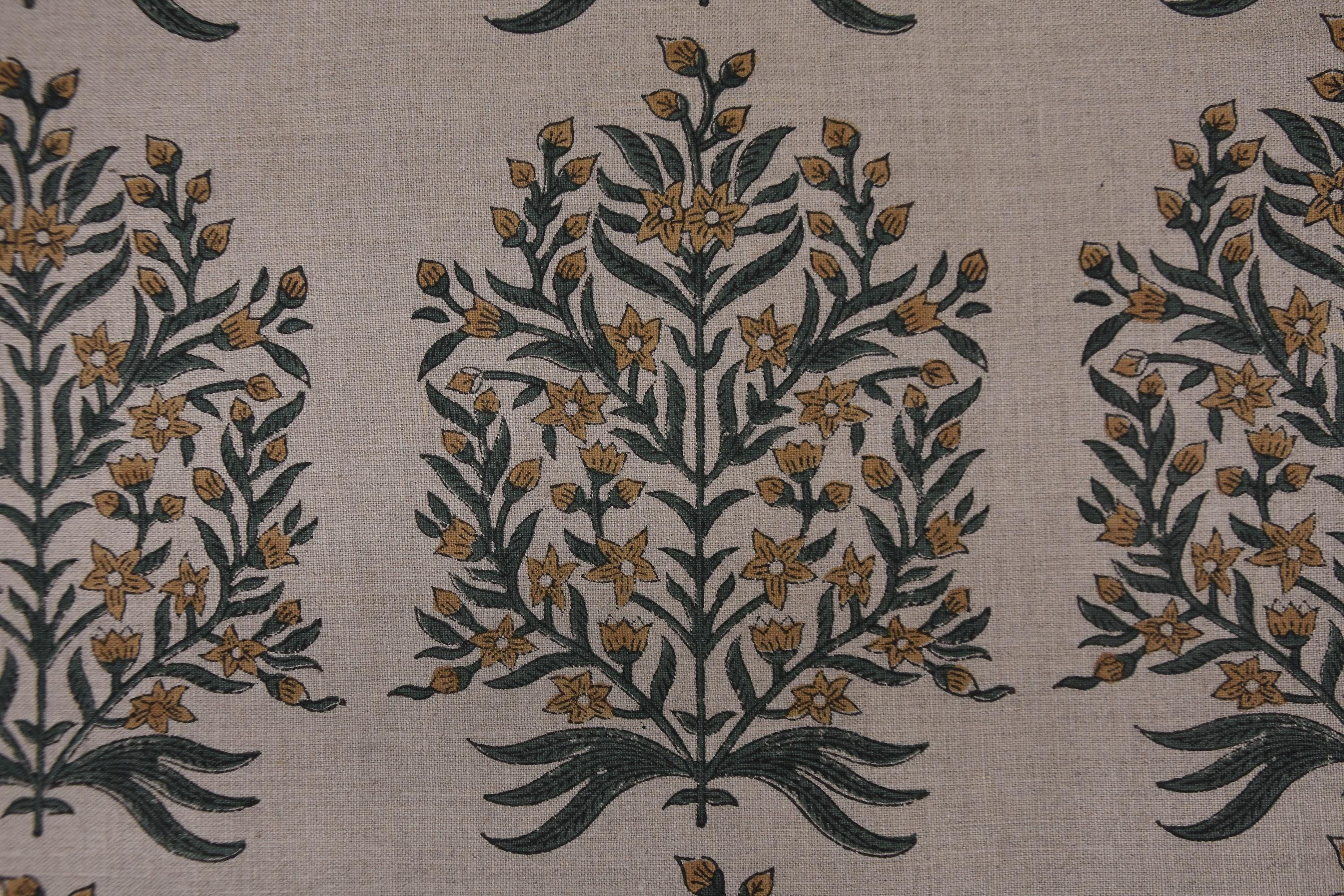 Linen Block Print Fabric 58 Inch Width Medium Weight Linen Natural Base Color Curtains and Drapes Upholstery Handmade Art Pillow Covers Tablecloths and Runners Bedding Tote Bag Lampshades Napkins by Fabritual