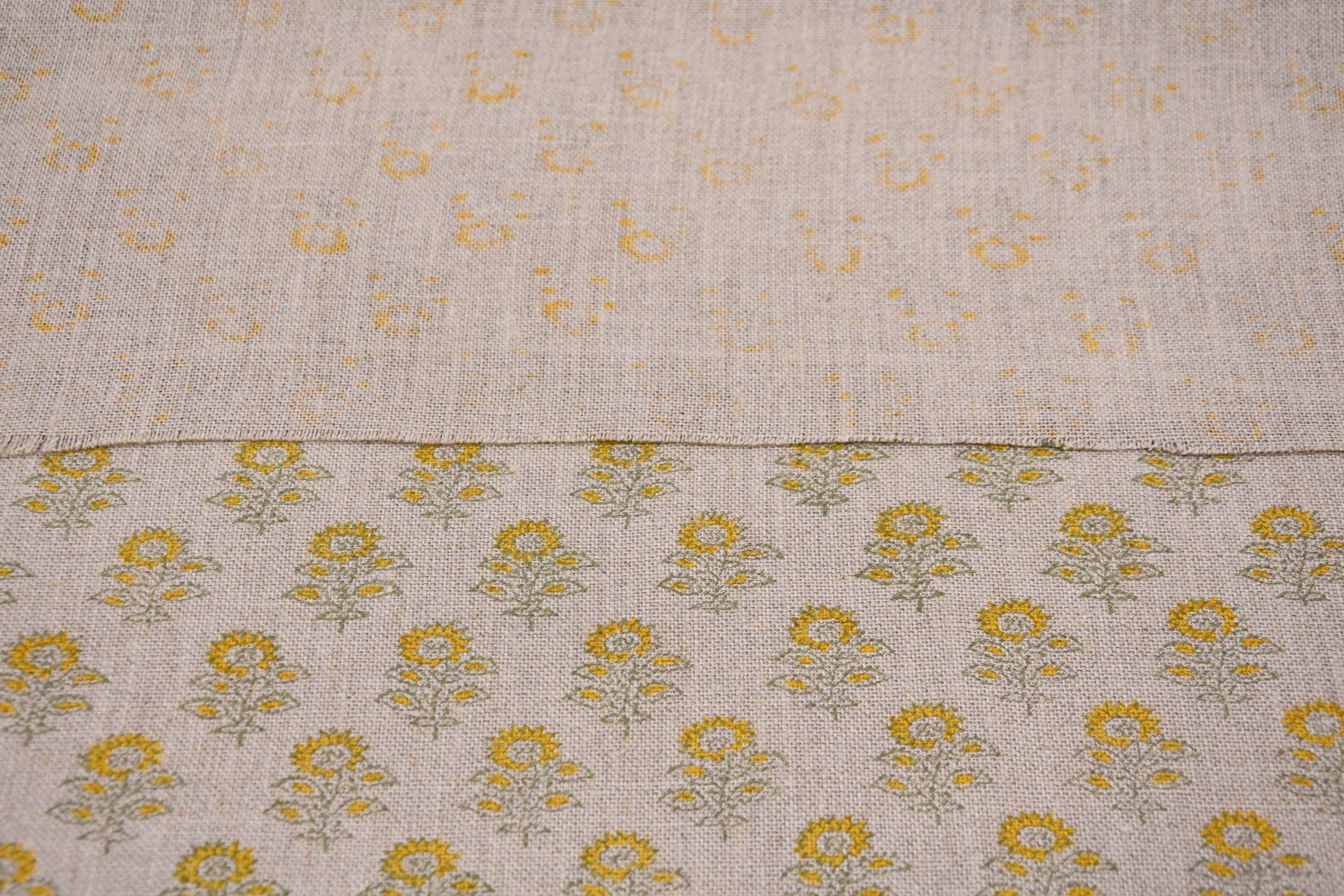 Indian Hand Block Thick Linen 58" Wide Mustard Floral Sofa Cover Fabric on Bagru Buti Print