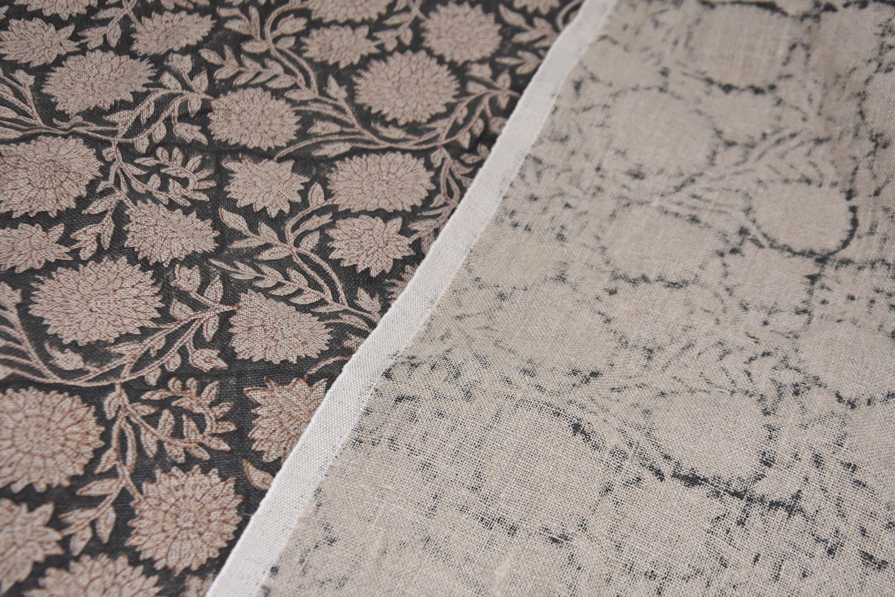 Linen Block Print Fabric 58 Inch Width Heavy Linen Natural Base Color Creative Handcrafted Floral Design To Make Curtains and Drapes Upholstery Pillow Covers Tablecloths and Runners Bedding Tote Bag