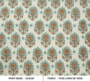 Block Printed 100% Pure Linen Fabric in Bronze and Pastel Blue Floral for Curtains & Decorative Home - KUSUM