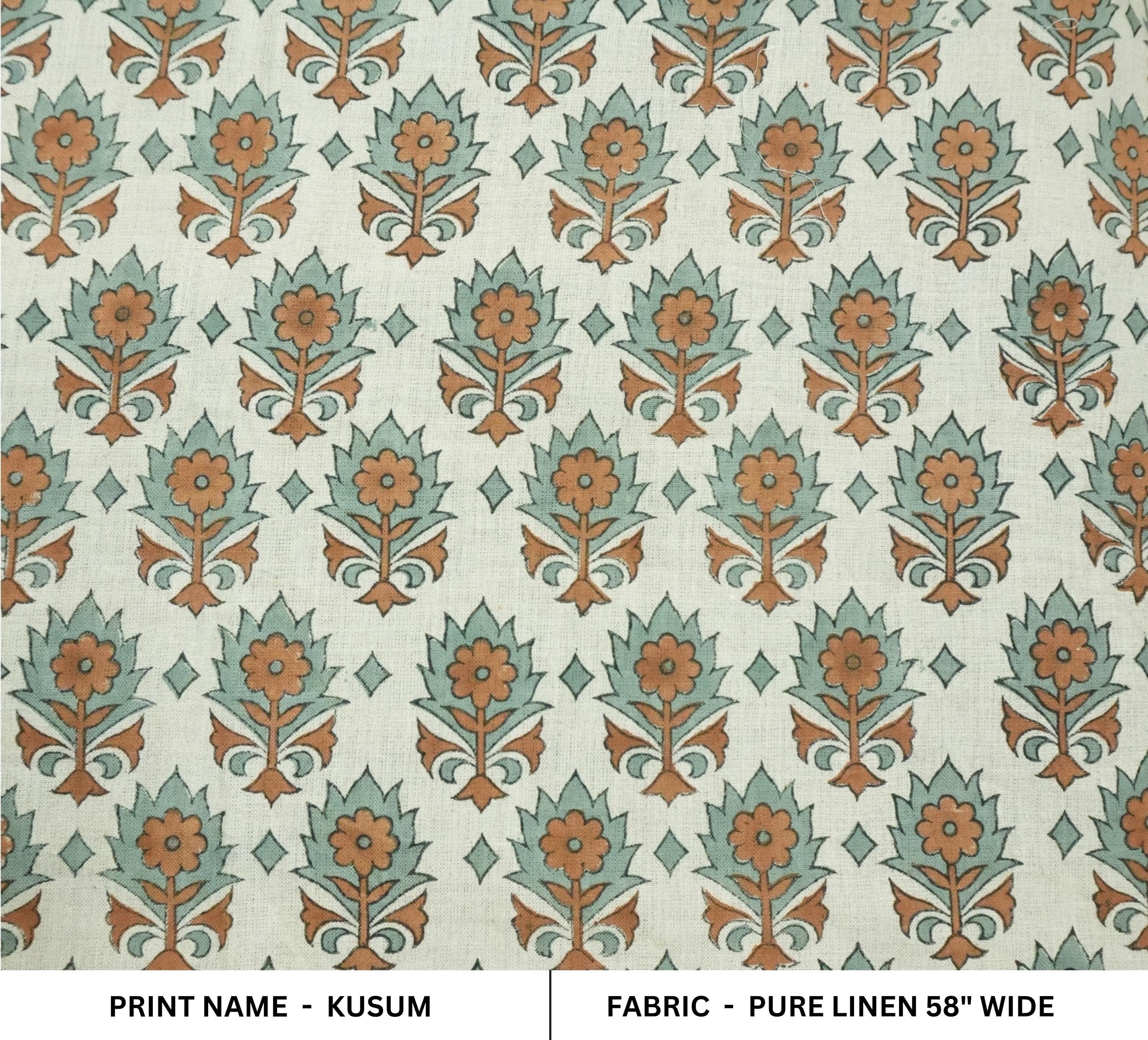Block Printed 100% Pure Linen Fabric in Bronze and Pastel Blue Floral for Curtains & Decorative Home - KUSUM