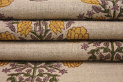 Traditional Indian linen block print for rustic napkin sets
Handcrafted linen for frilled pillow covers and upholstered stools
Floral linen upholstery fabric for farmhouse living decor.