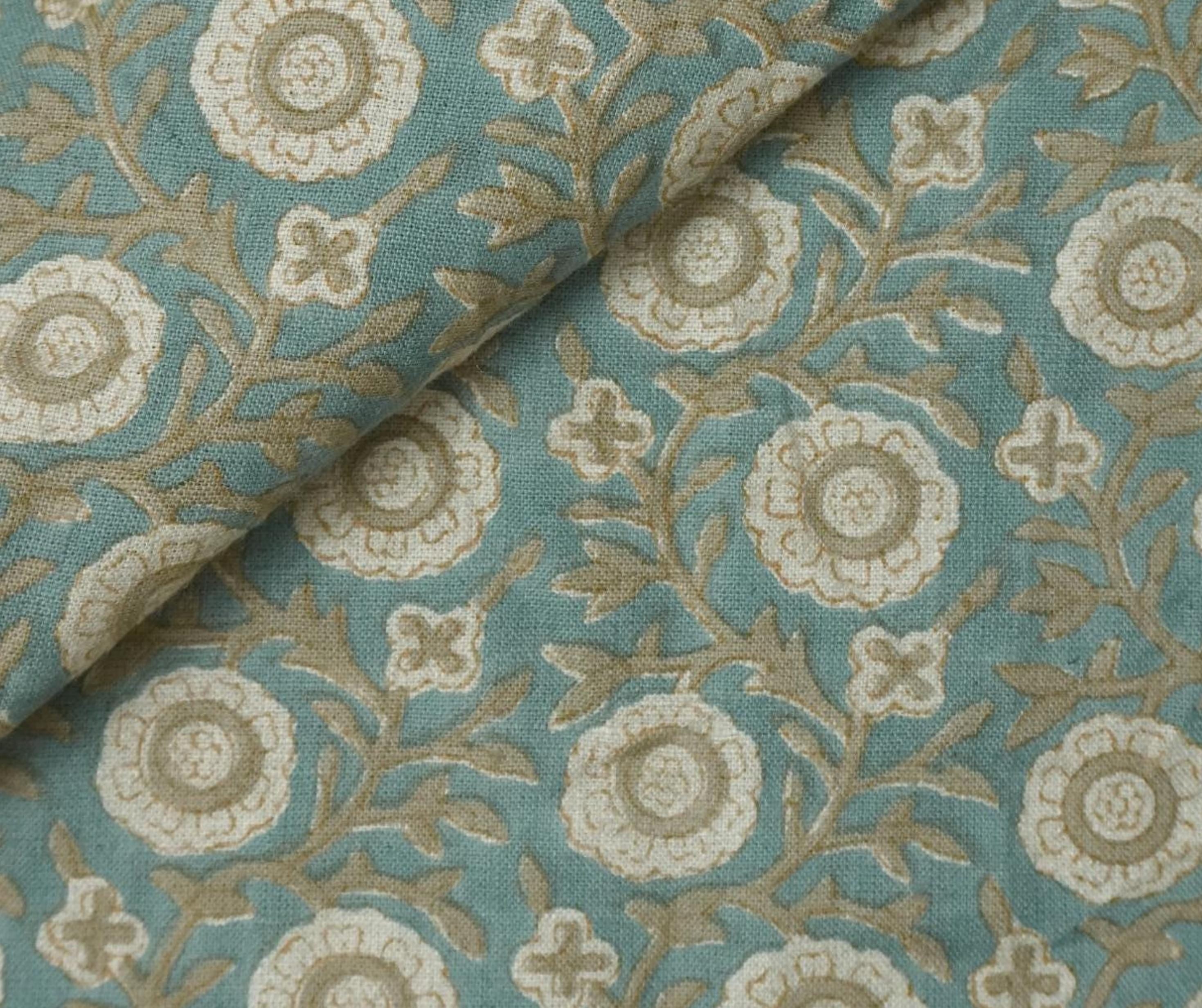 Linen Block Print Fabric 58 Inch Width Medium Weight Linen Natural Base Color Curtains and Drapes Upholstery Handmade Art Pillow Covers Tablecloths and Runners Bedding Tote Bag Lampshades Napkins by Fabritual