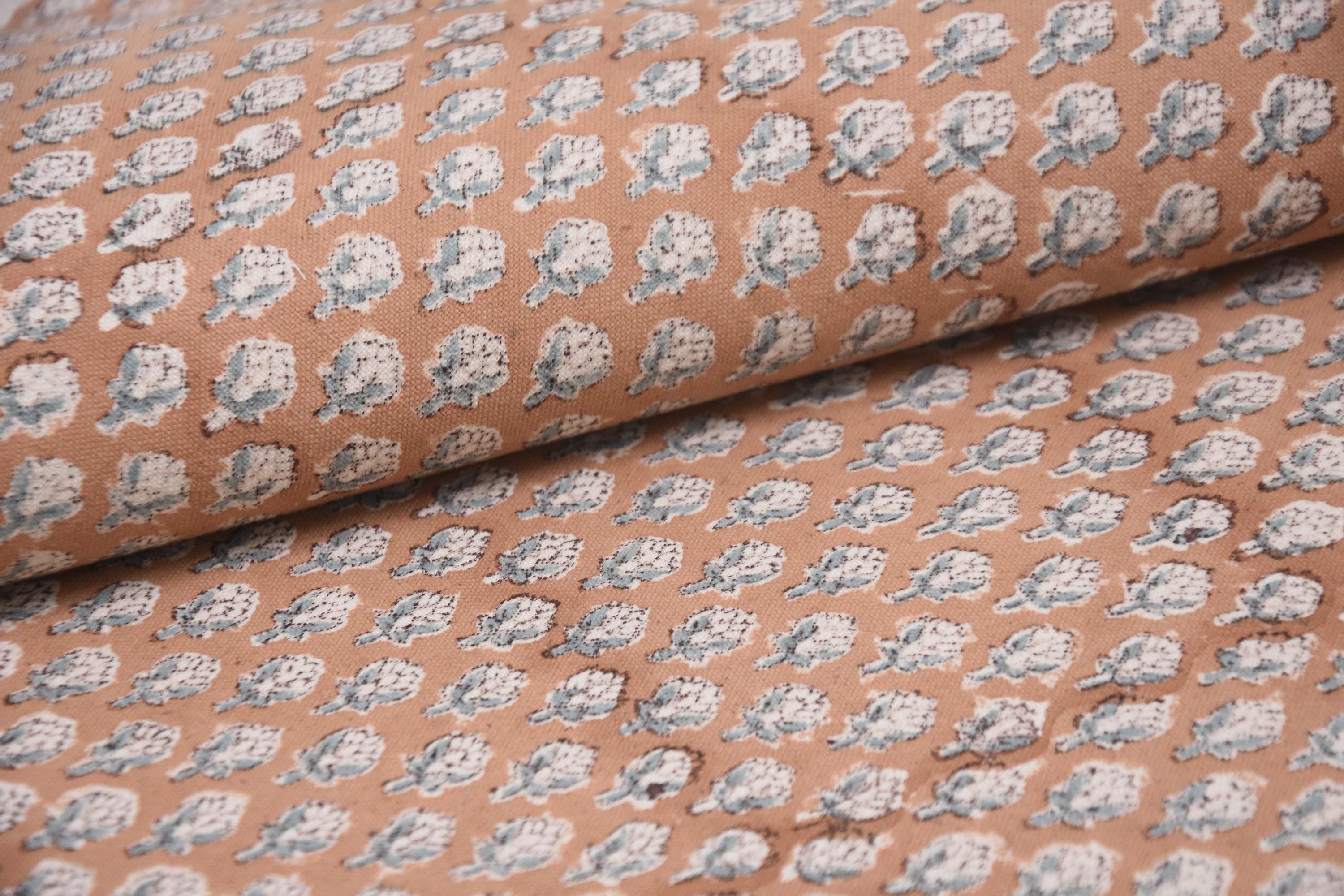 Duck Canvas 50" Wide Hand Block Printed Brown Mini Floral Fabric for Pillow Covers - MOGRA PHOOL