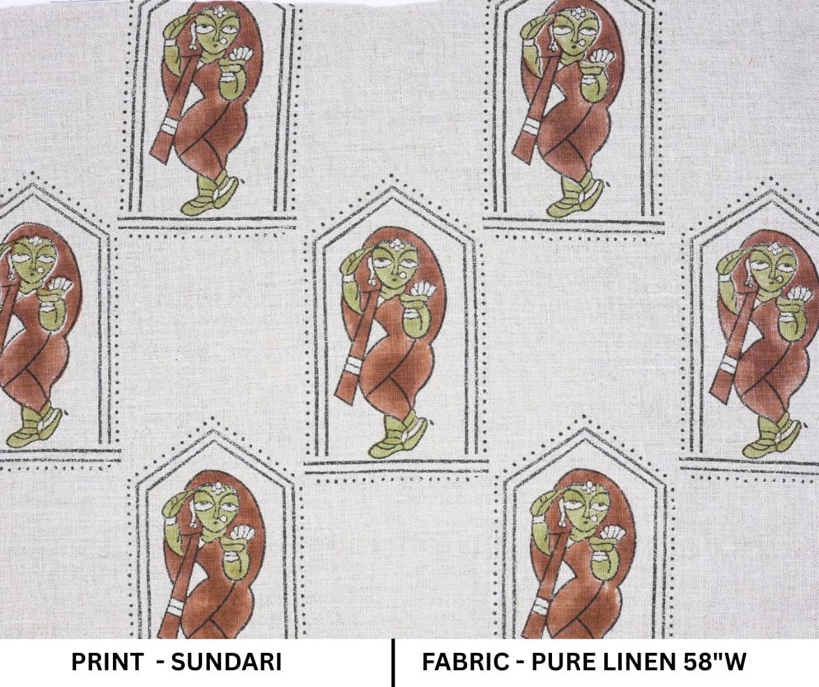 Indian Artisan Pure Linen Block Print in Brown and Green Sundari Fabric for Drapery & Upholstey