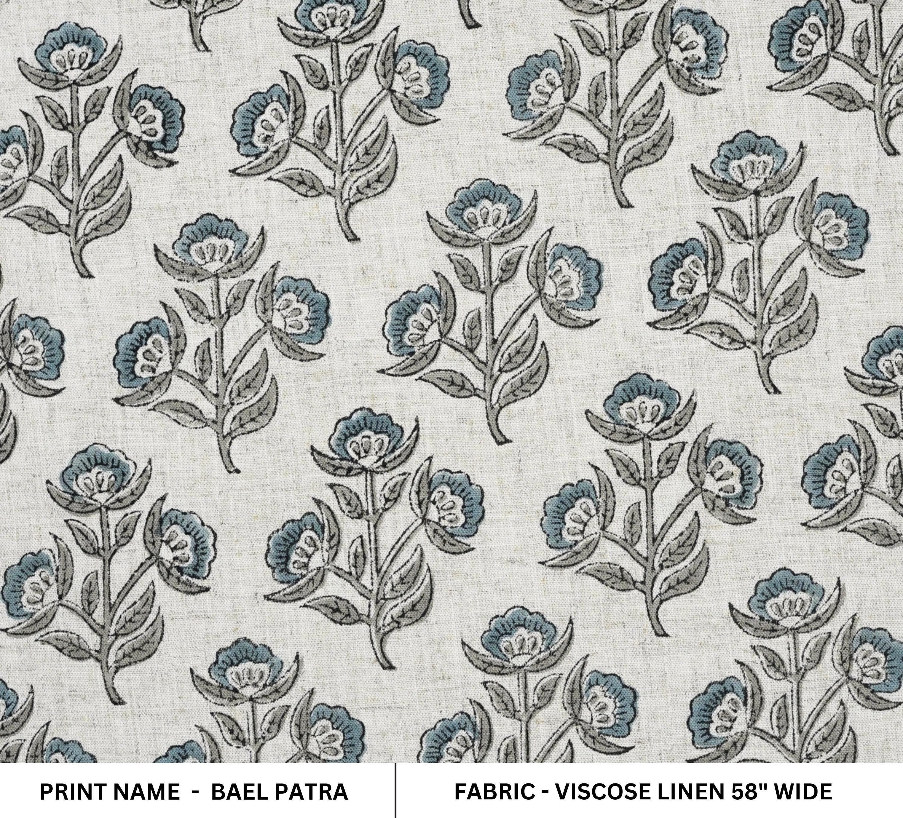 Handmade Bluish and Gray Floral Block Printed Viscose Linen Fabric 58" Wide for Pillows, Curtains – BELPATRA