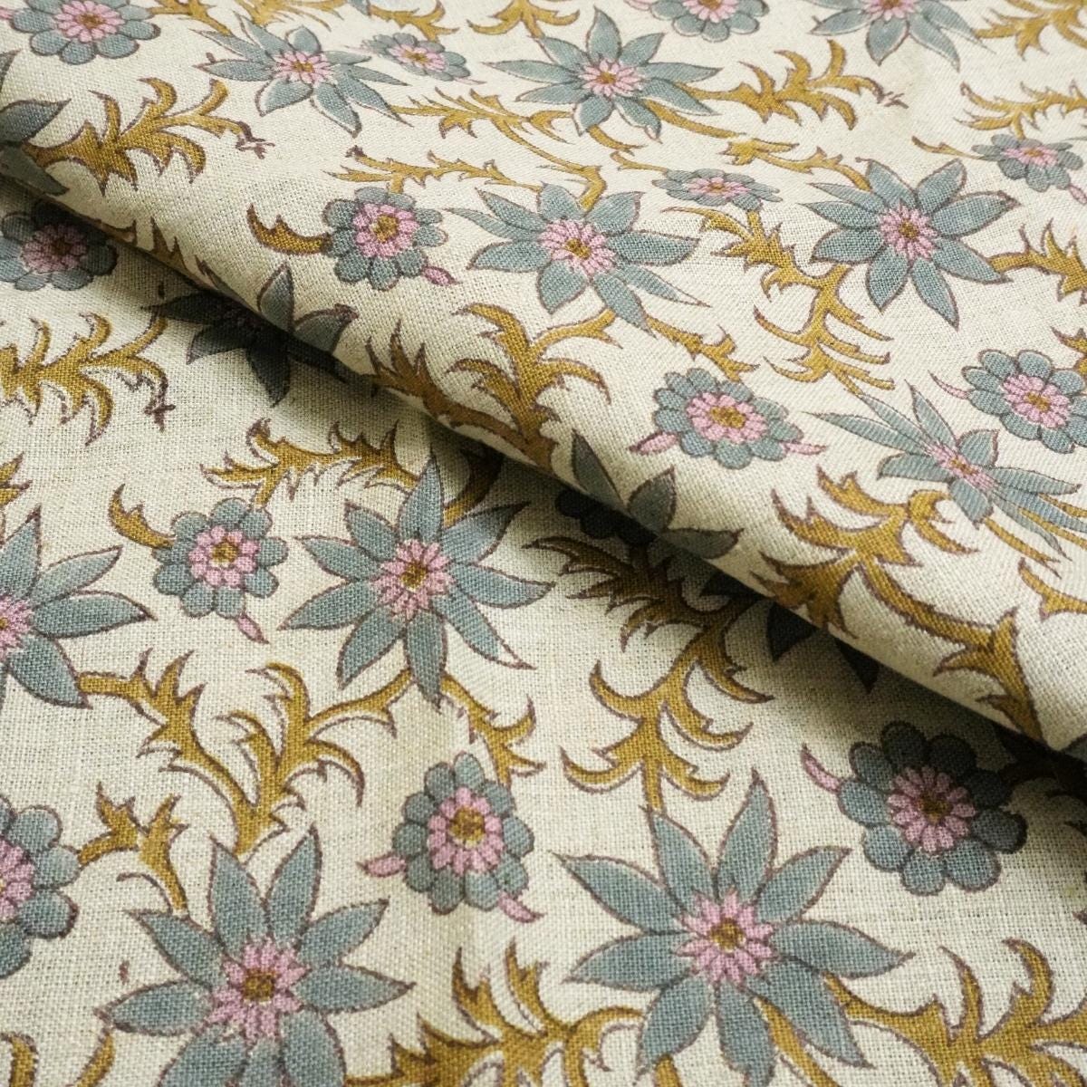 Eco-Friendly Linen Fabric with Block Print, Great for Custom Decor Pieces 58-Inch Linen Fabric with Traditional Block Print, Perfect for Rustic Home Accents Linen Block Print Fabric for Sustainable Upholstery and Tablecloths .