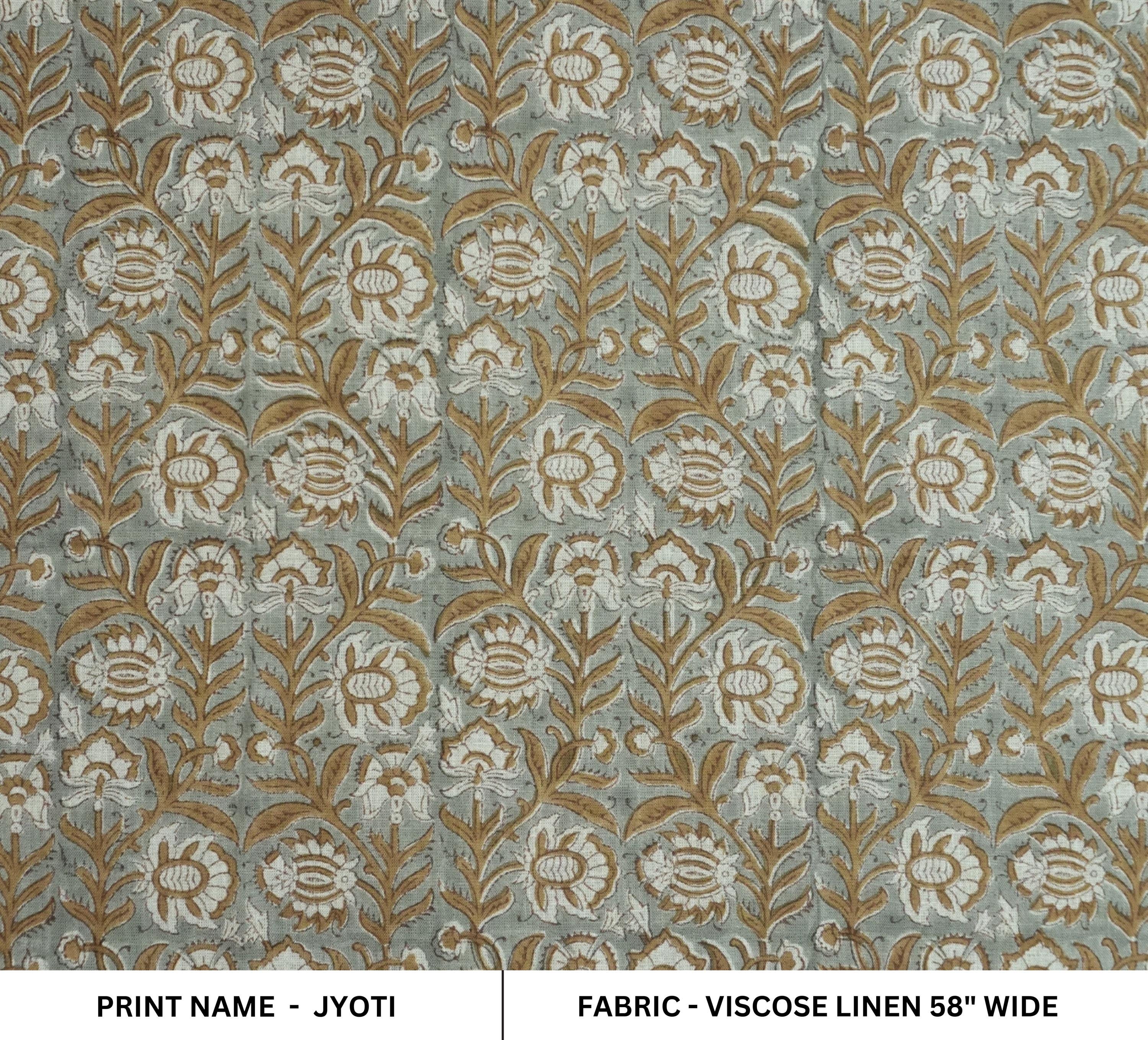 BROWN FLORAL MOTIF HAND BLOCK PRINT VISCOSE LINEN INDIAN FABRIC CURTAINS AND TABLE LINENS - JYOTI