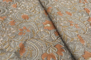 Indian Hand Stamped Block Printed Thick Linen Pure Fabric in Bronze and Gray Floral for Living Room Decor – Kundanvan