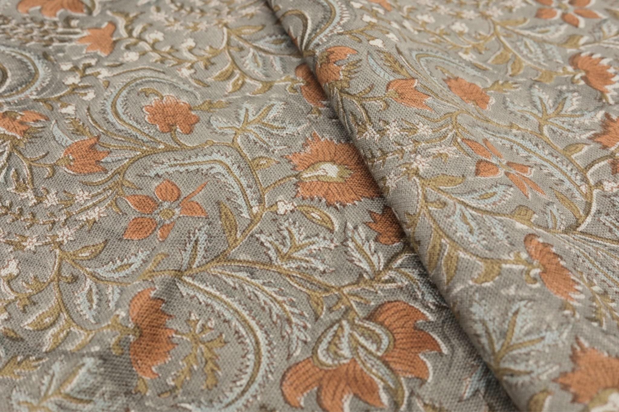 Indian Hand Stamped Block Printed Thick Linen Pure Fabric in Bronze and Gray Floral for Living Room Decor – Kundanvan