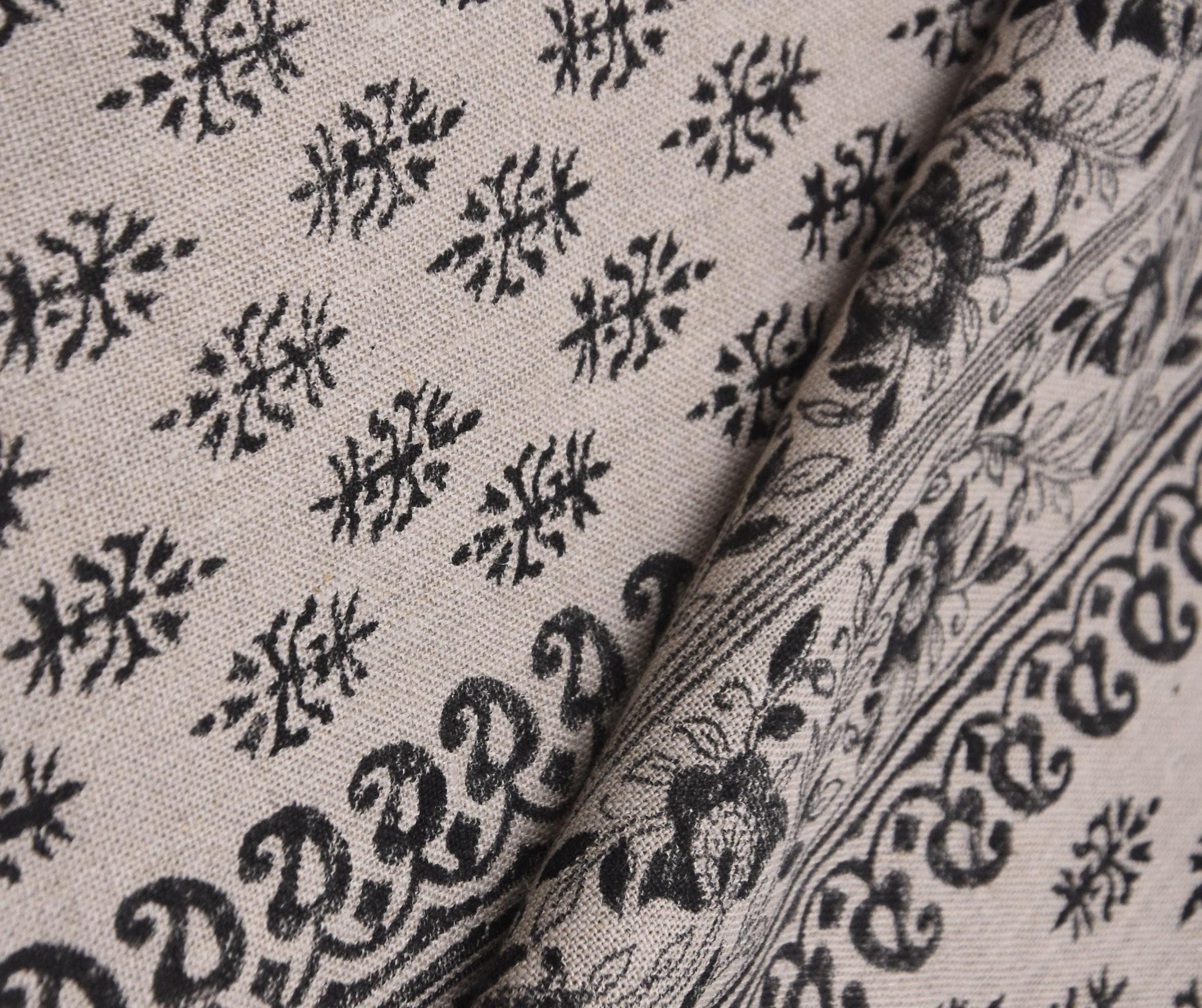 Linen Block Print Fabric 58 Inch Width Heavy Linen Natural Base Color Curtains and Drapes Pillow Covers Tablecloths and Runners Bedding Tote Bag by Fabritual