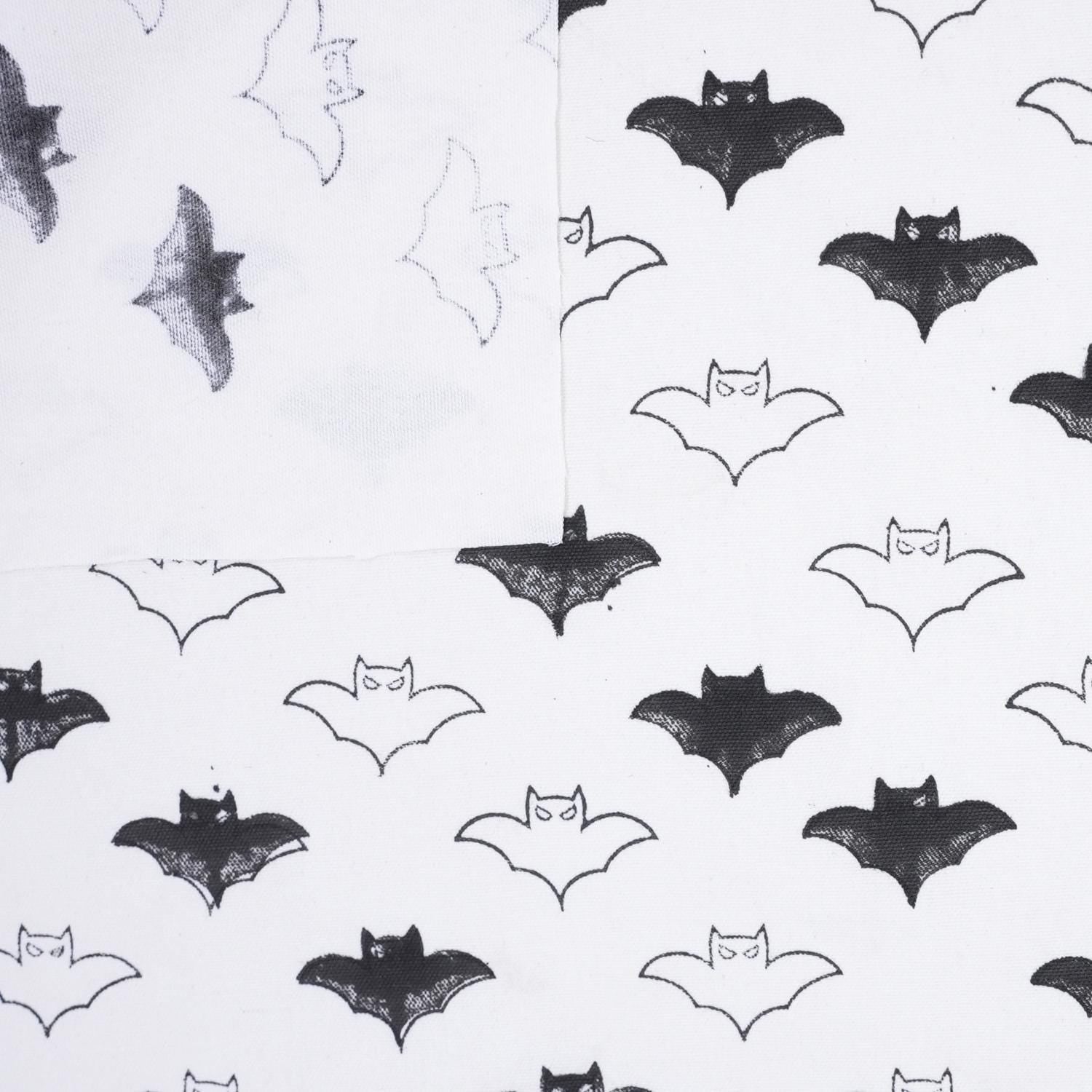 Hand Block Print Cuhion Cover Fabric on Thick Cotton White with Black Bat Design