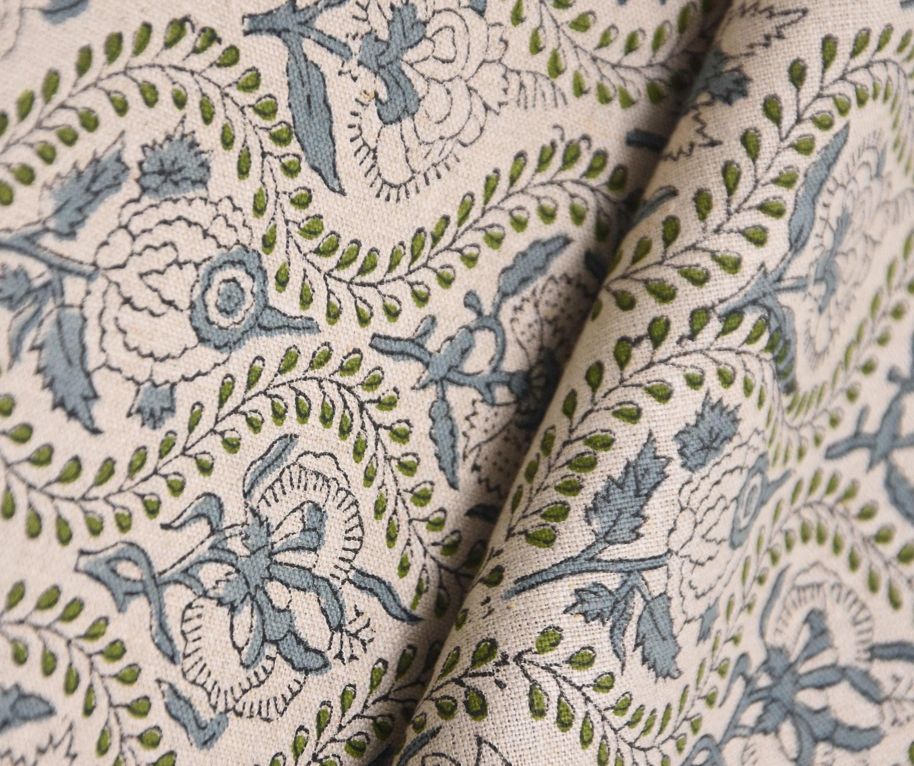 Linen Block Print Fabric 58 Inch Width Medium Weight Linen Natural Base Color Curtains and Drapes Pillow Covers Tablecloths and Handwashable Runners Bedding Tote Bag Lampshades Napkins by Fabritual