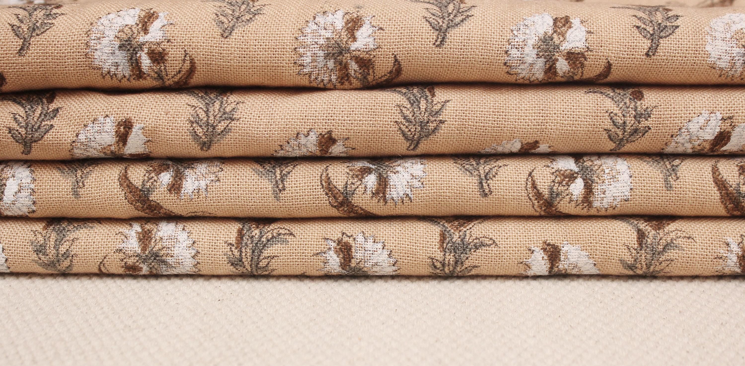 Hand Block Printed Brown and Dark Vanilla Floral Throw Pre Dip Fabric for Farmhouse Decor - Daffodil