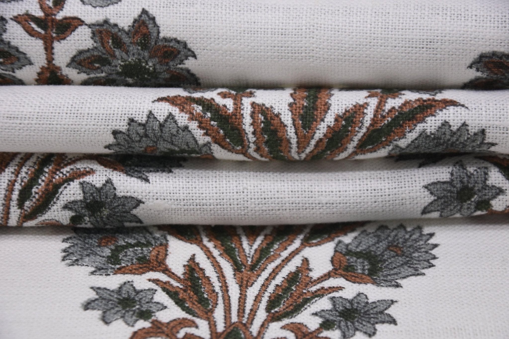 Decorative Off White Linen for Cushion Covers and Upholstery, Eco-Friendly Linen Fabric with Handcrafted Indian Motifs, Rustic Linen Fabric in Natural Color for Floral Decor Accents, Farmhouse Style Linen for Handmade Curtains and Table Settings, Natural Dyed Off White Linen Fabric with Indian Designs.