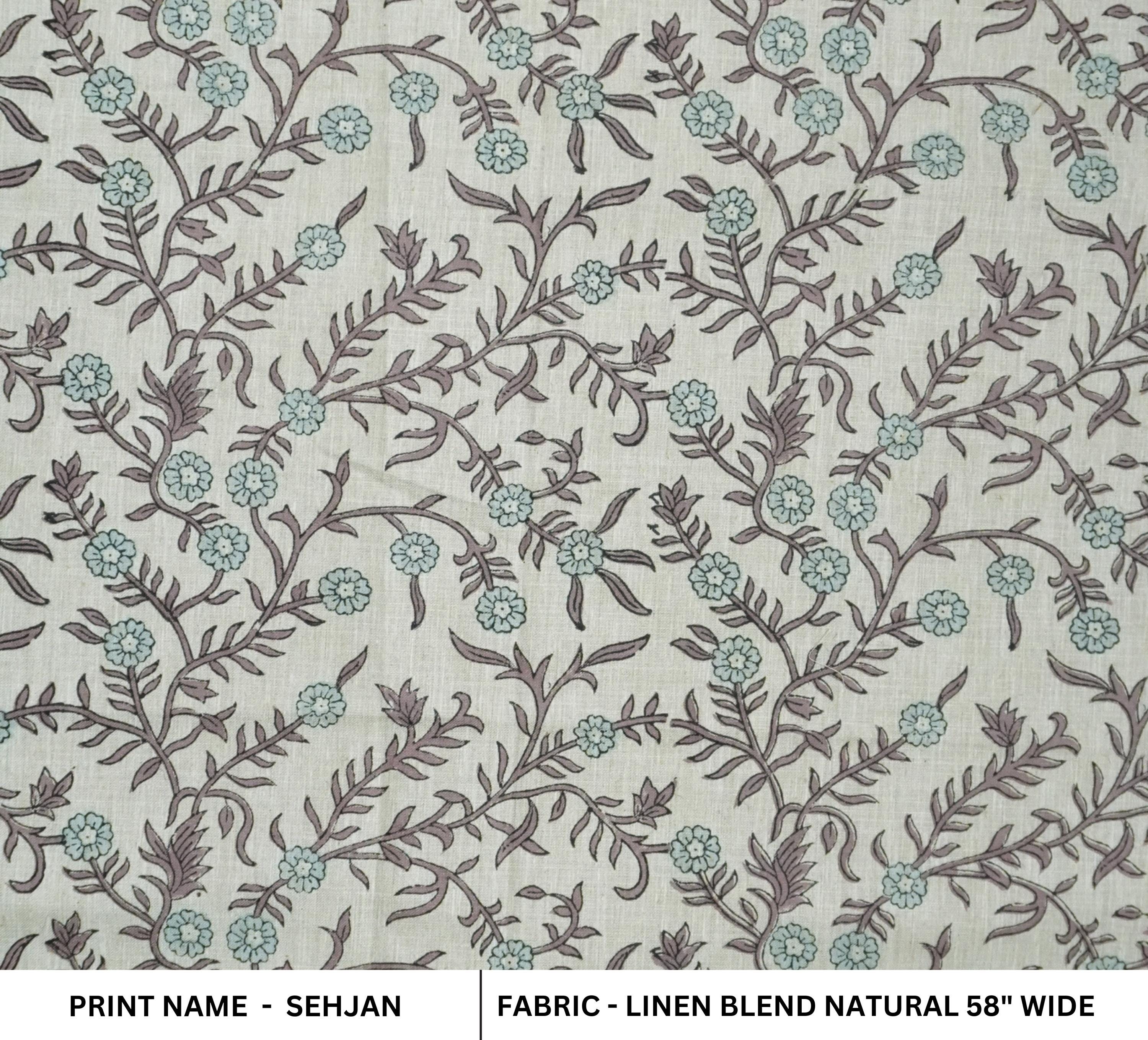 BLOCK PRINT HANDMADE DECORATIVE LINEN FABRIC FLORAL HANDMADE CUSHION AND DRAPERY CURTAIN FABRIC  - SEHJAN