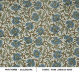Wooden Block Printed Sage Green and Blue Floral Pure Linen Elegant Fabric for Sofa/Chair Covers – VASUNDARA