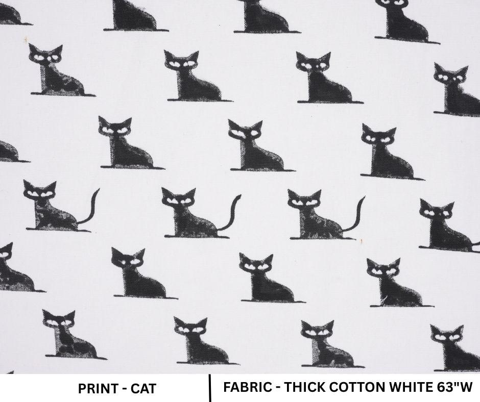 Handmade Black Cat Block Printed Throw Thick Cotton White Fabric for Halloween Cushion Decor