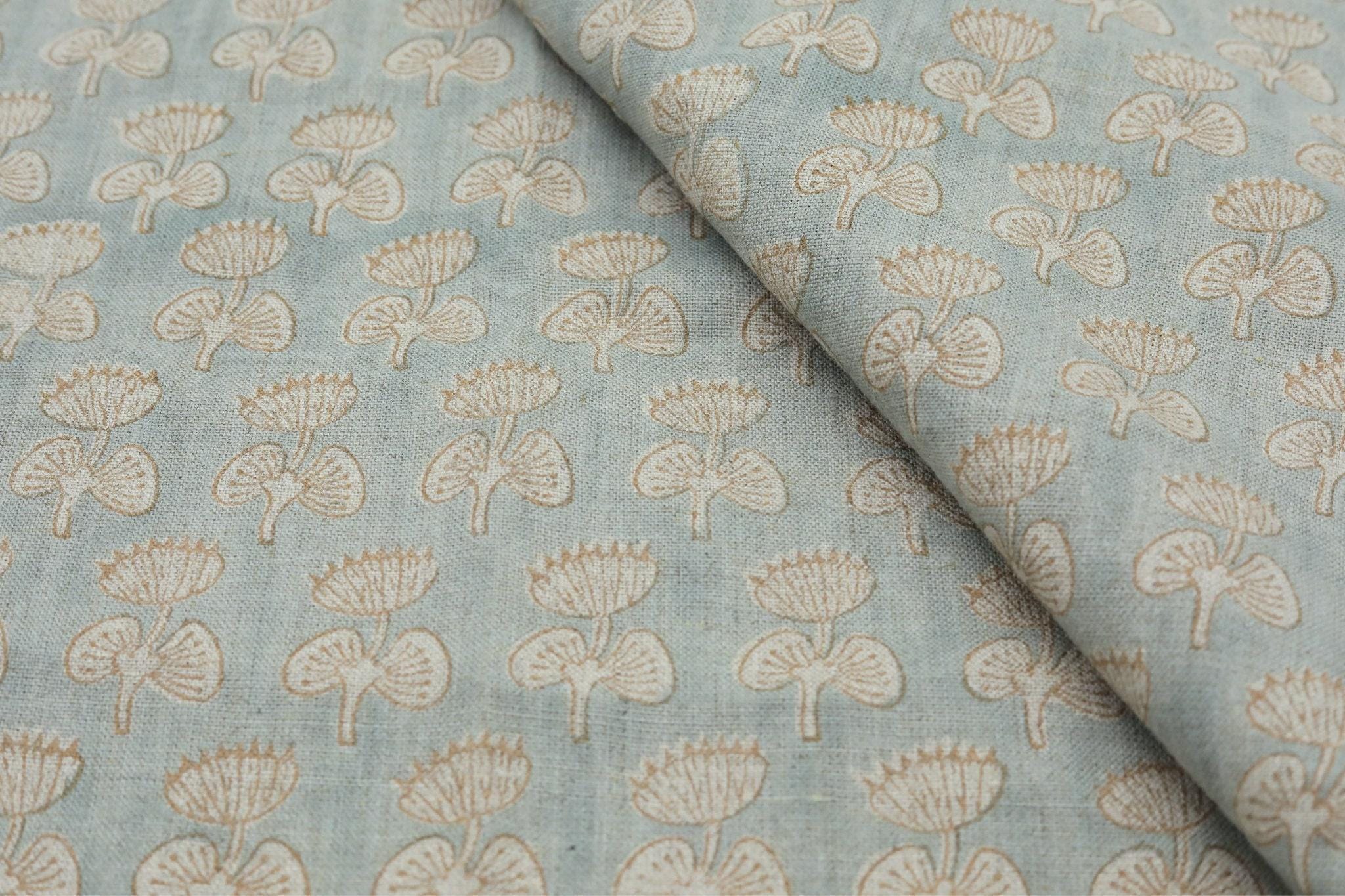 Linen Block Print Fabric 58 Inch Width Medium Weight Linen Natural Base Color Curtains and Drapes Upholstery Pillow Covers Tablecloths and Runners Bedding Tote Bag Lampshades Napkins by Fabritual